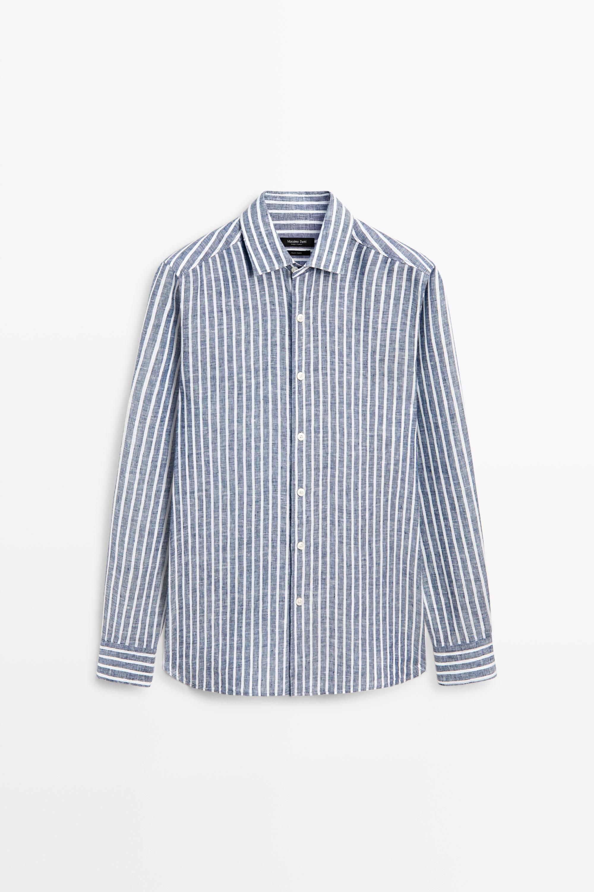 Regular fit striped 100% linen shirt Blue