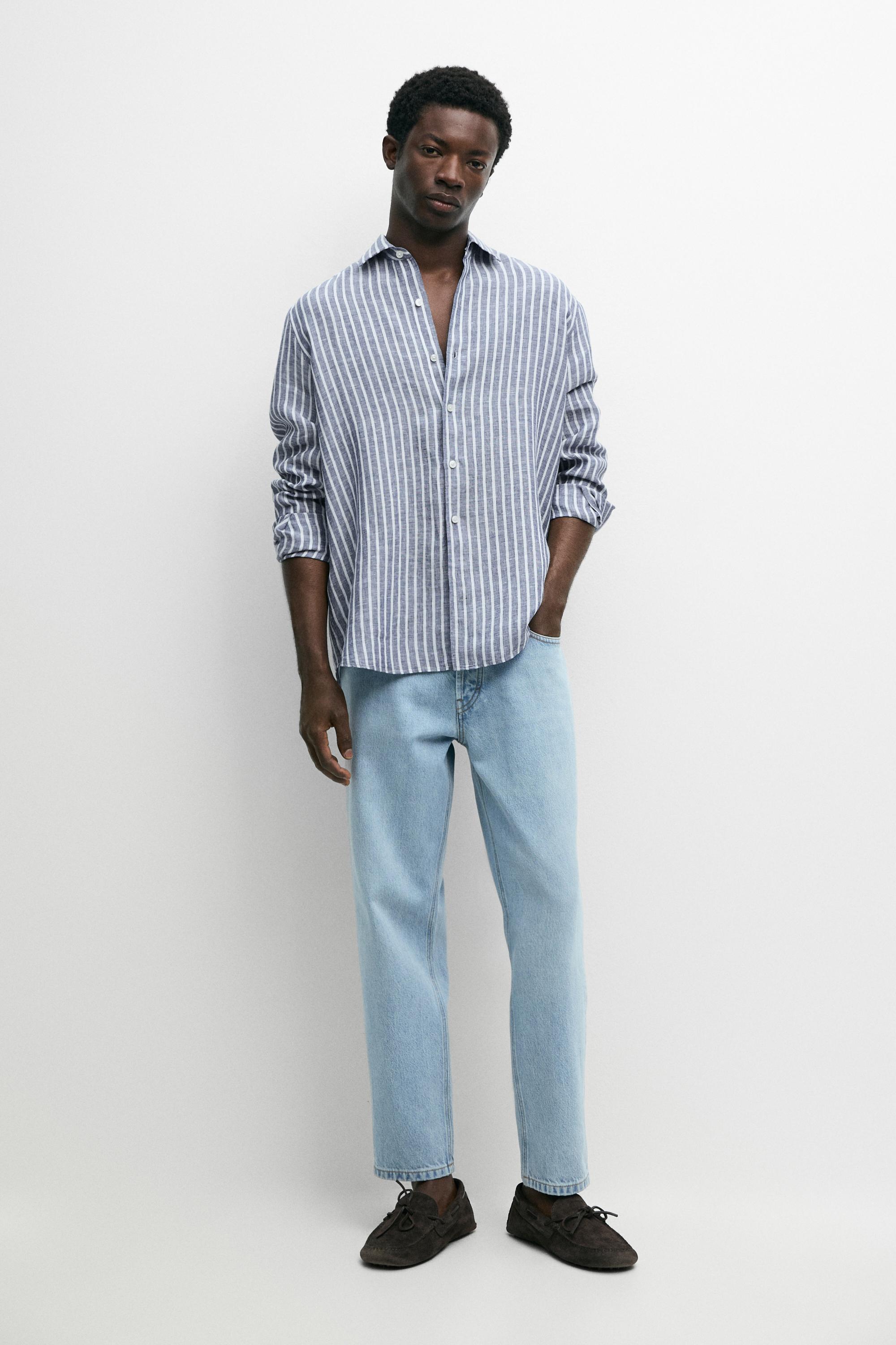 Regular fit striped 100% linen shirt Blue