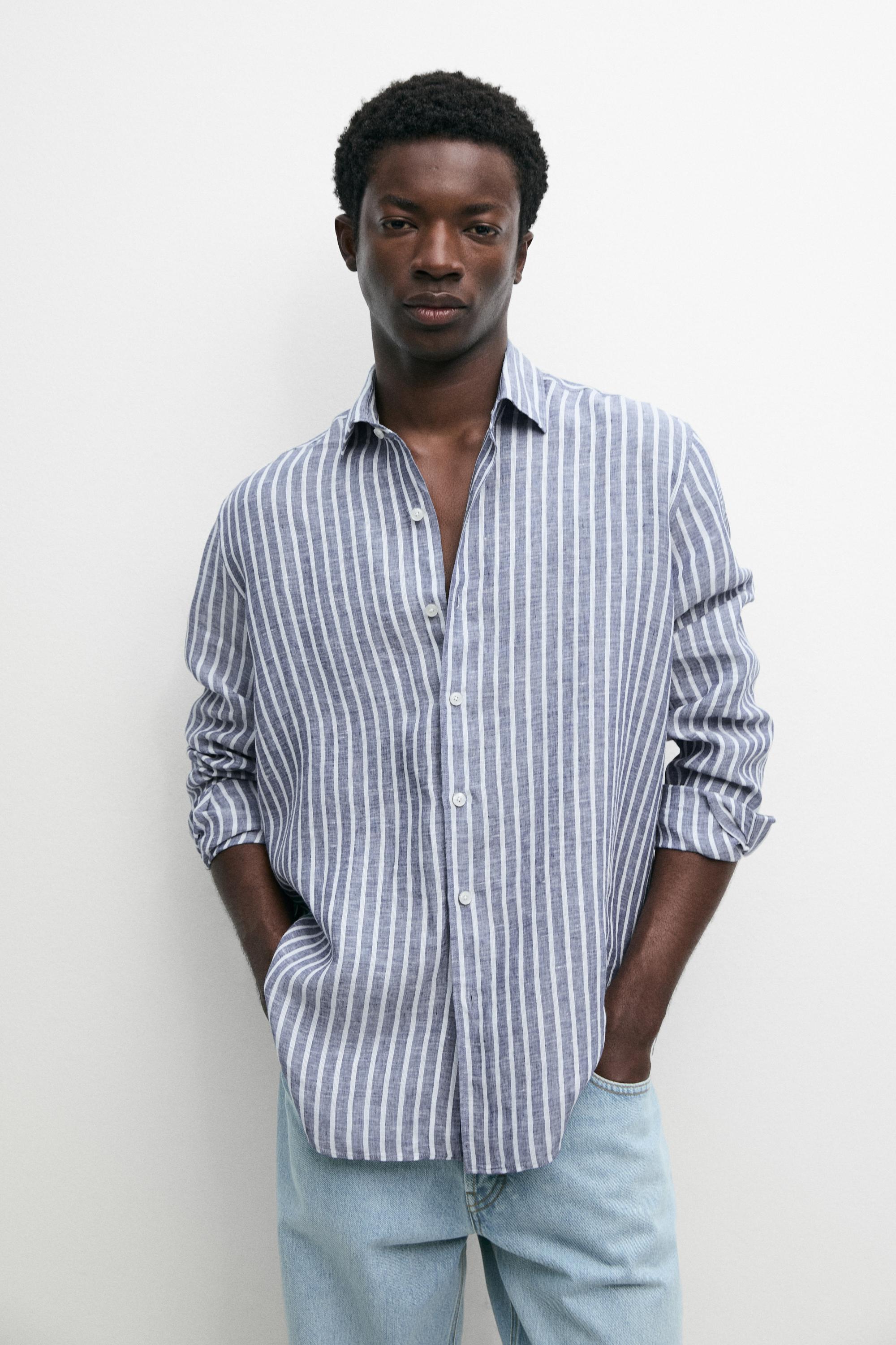 Regular fit striped 100% linen shirt Blue