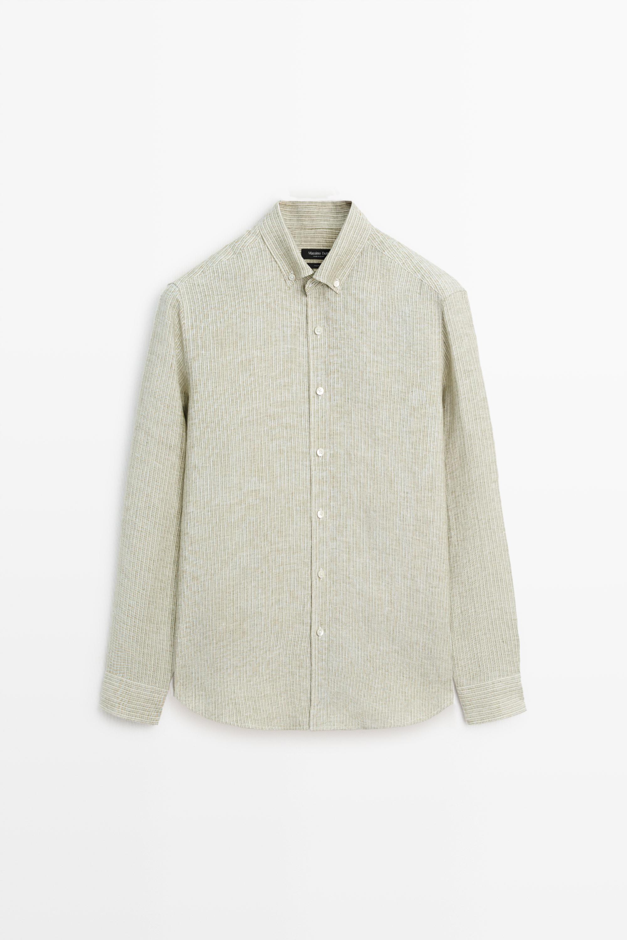 100% linen regular fit striped shirt Green