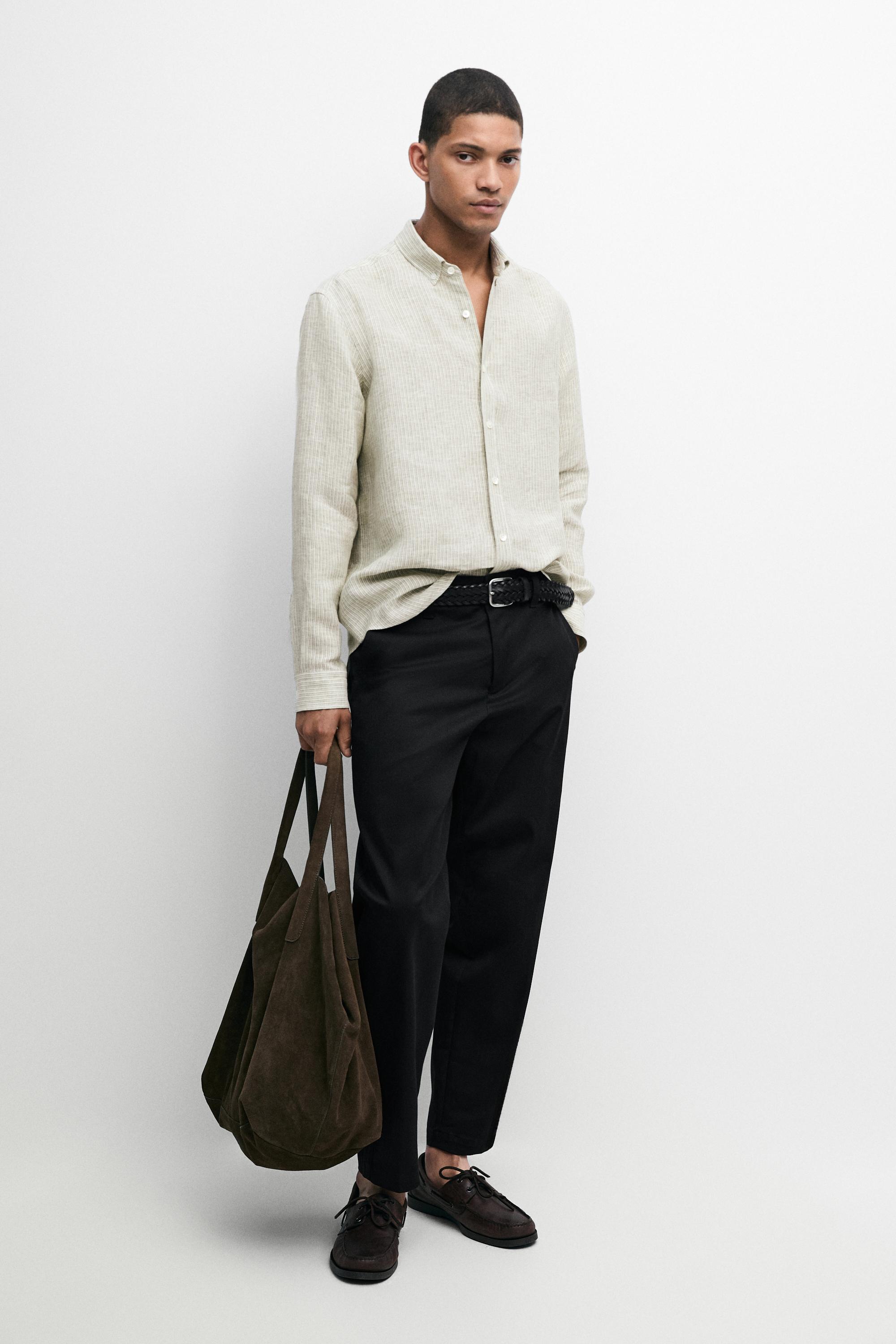 100% linen regular fit striped shirt Green