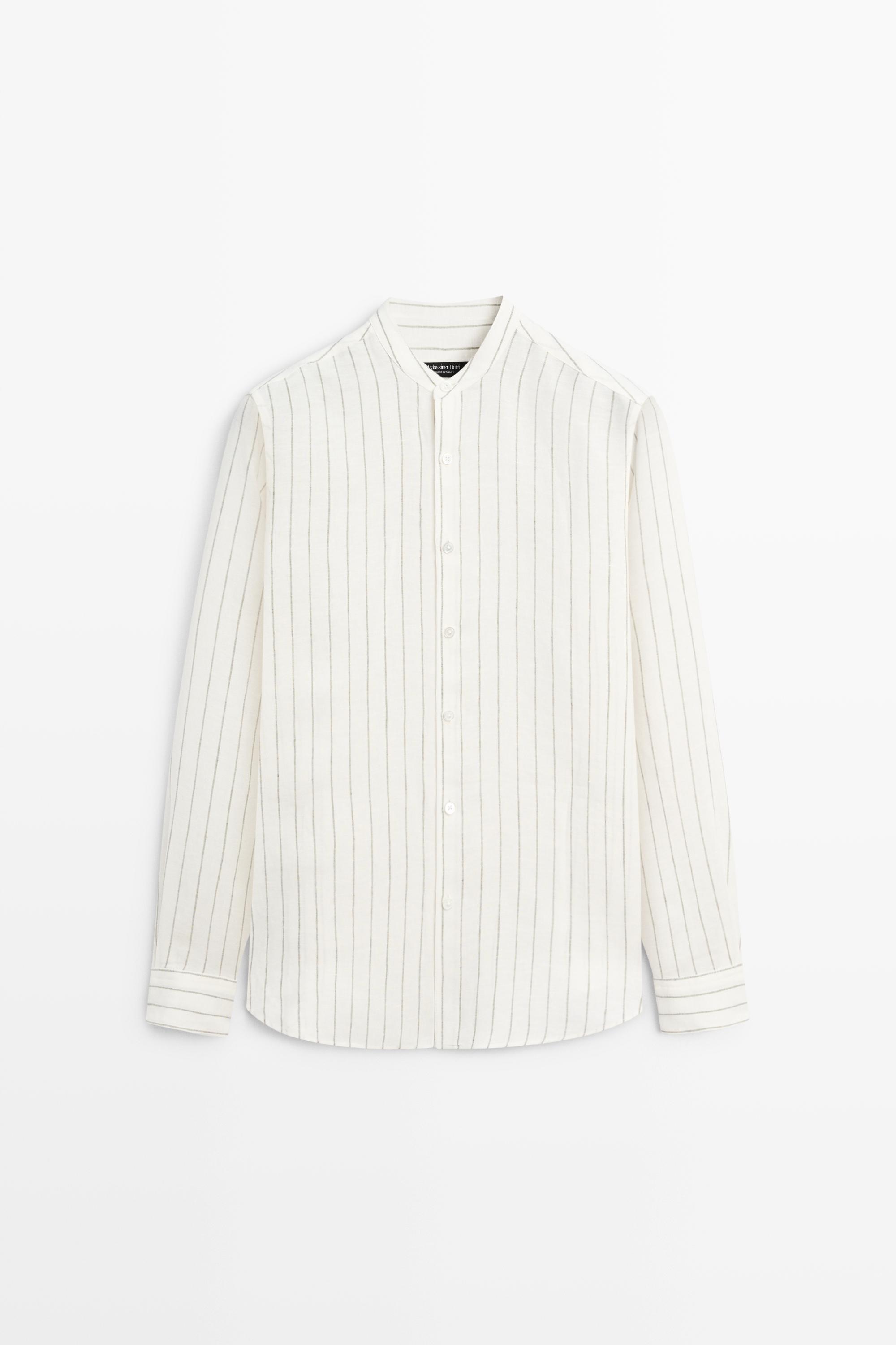 100% linen striped stand collar shirt Sand