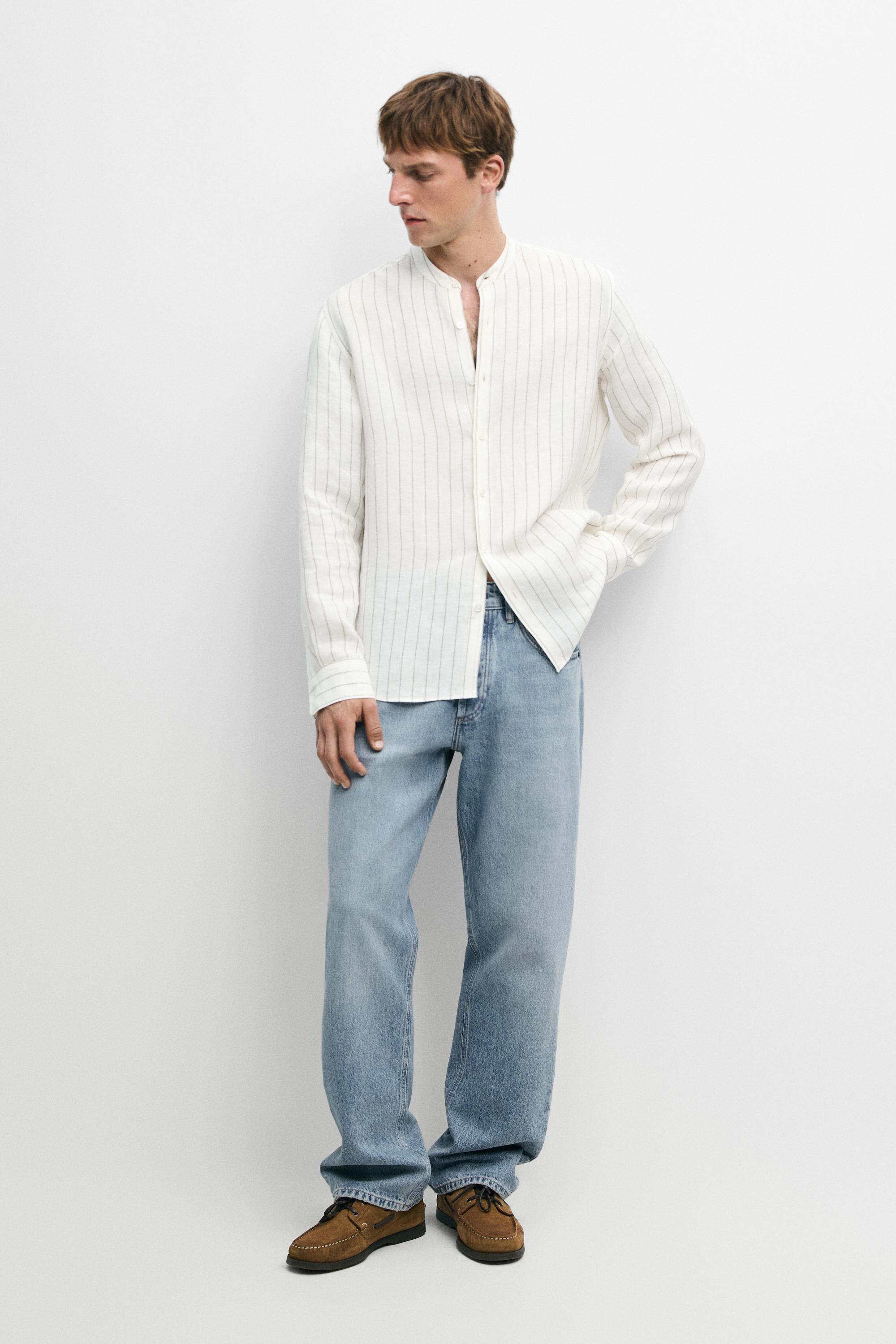 100% linen striped stand collar shirt Sand