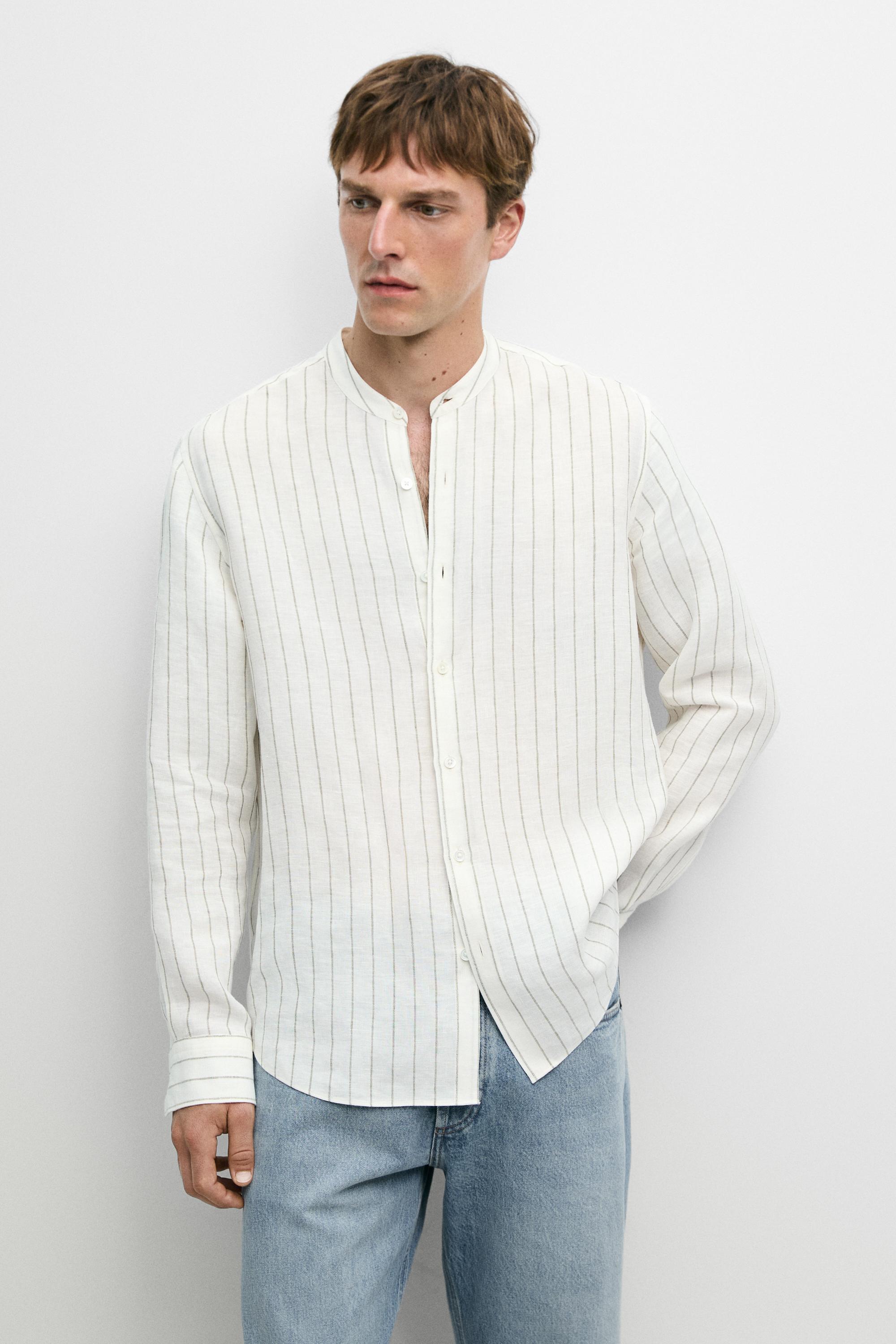 100% linen striped stand collar shirt Sand