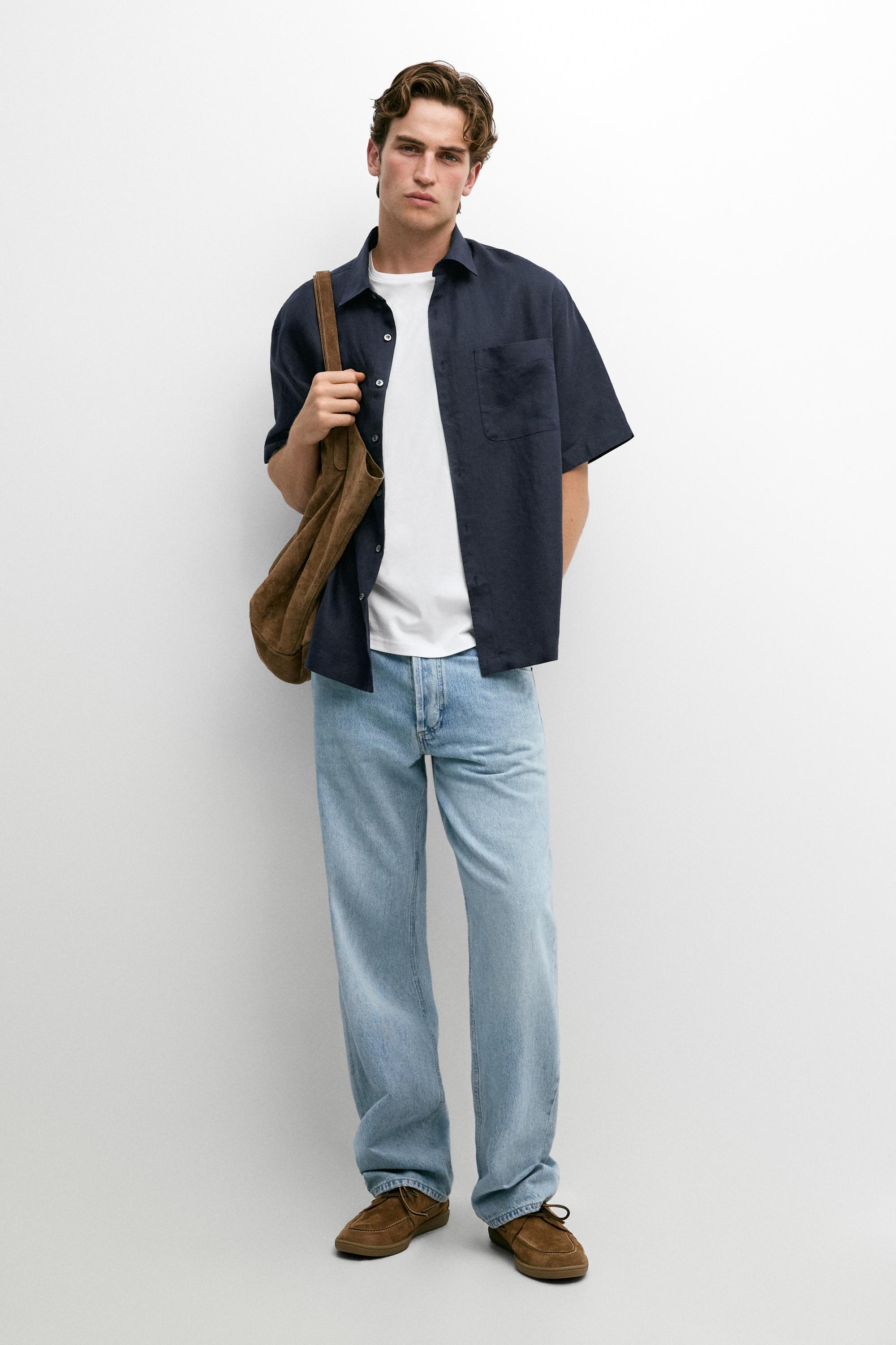 100% linen short sleeve shirt Navy Blue