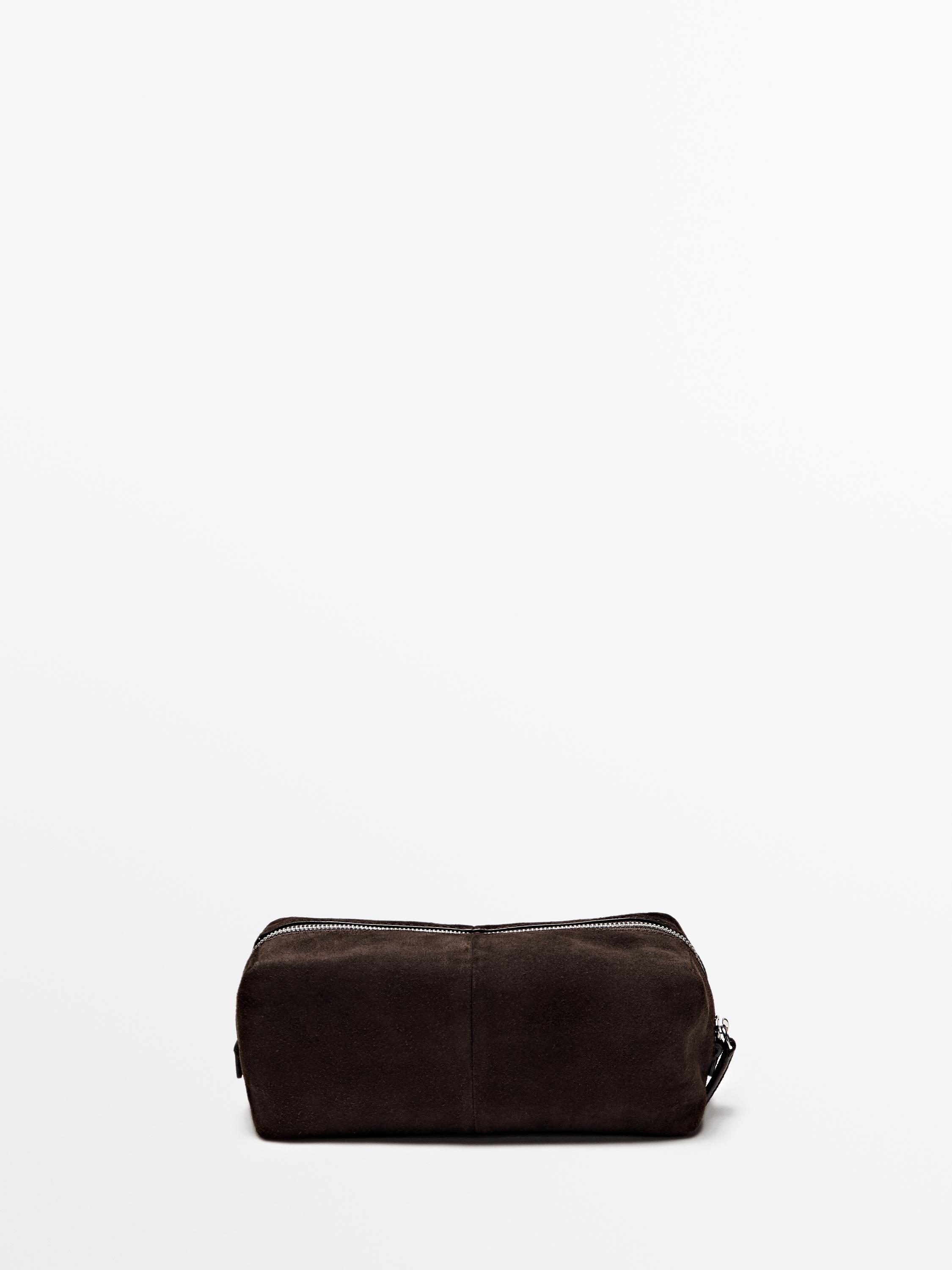 Suede leather toiletry bag with zip Brown