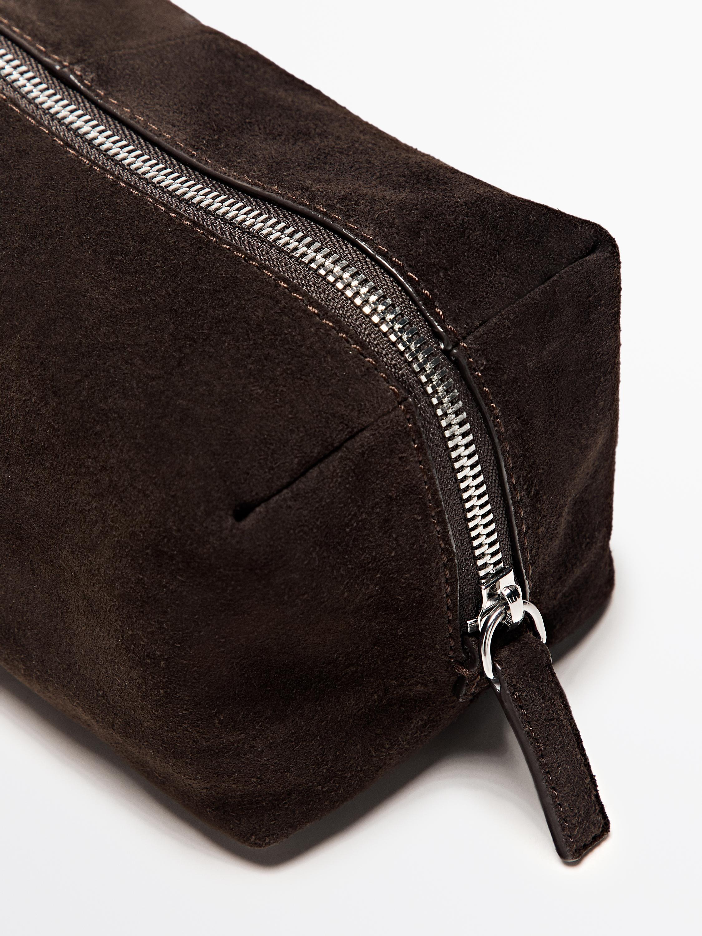 Suede leather toiletry bag with zip Brown