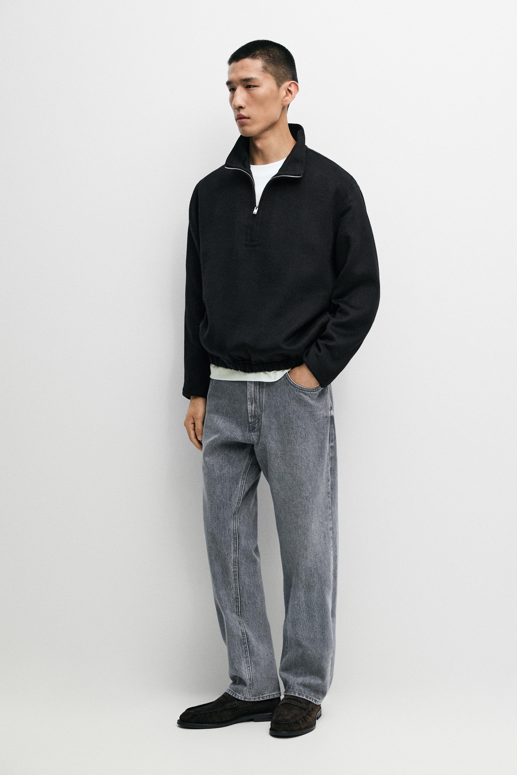 Wool blend double-faced mock neck sweatshirt Navy Blue