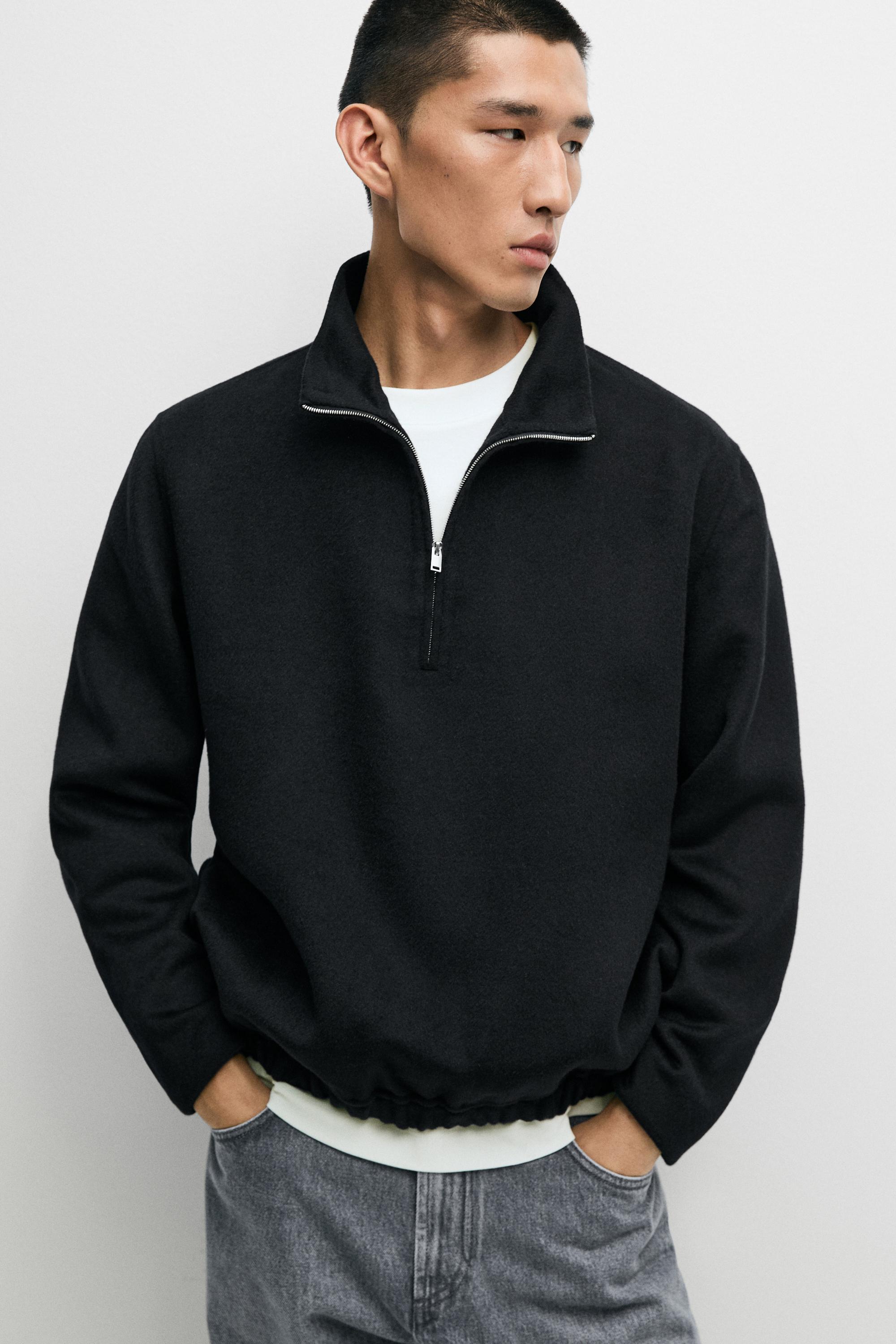 Wool blend double-faced mock neck sweatshirt Navy Blue