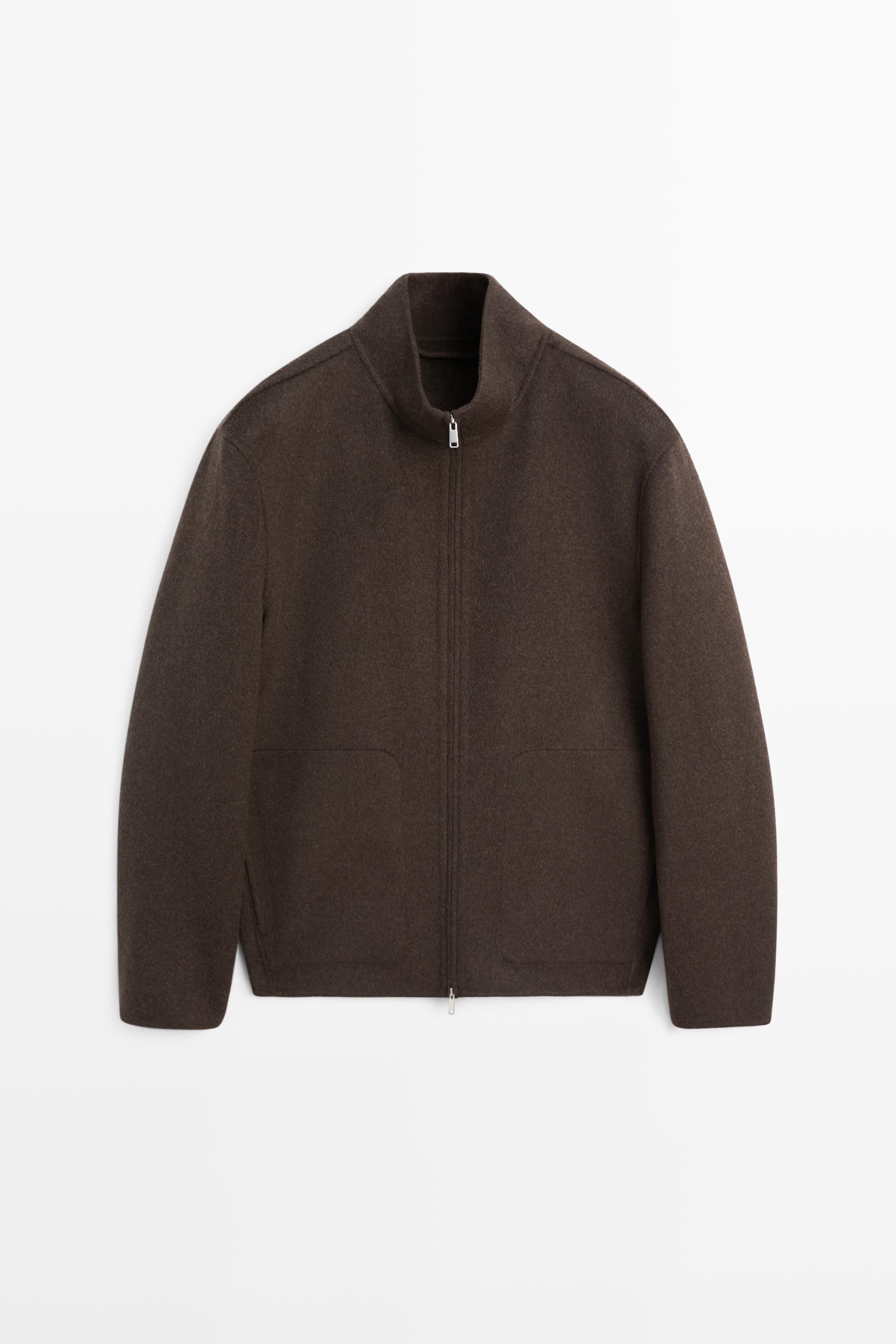 Wool blend double fabric high neck jacket Brown