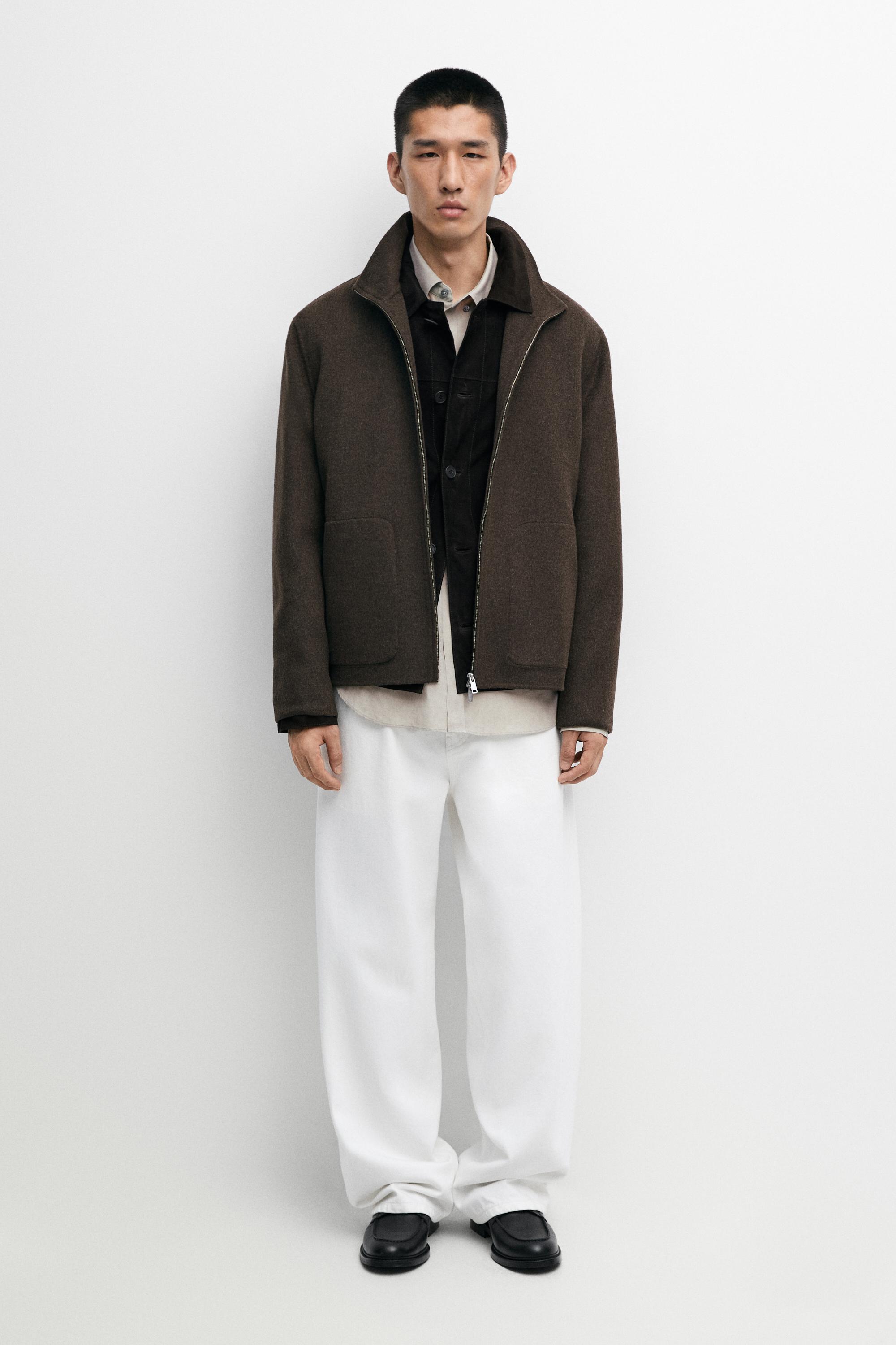 Wool blend double fabric high neck jacket Brown