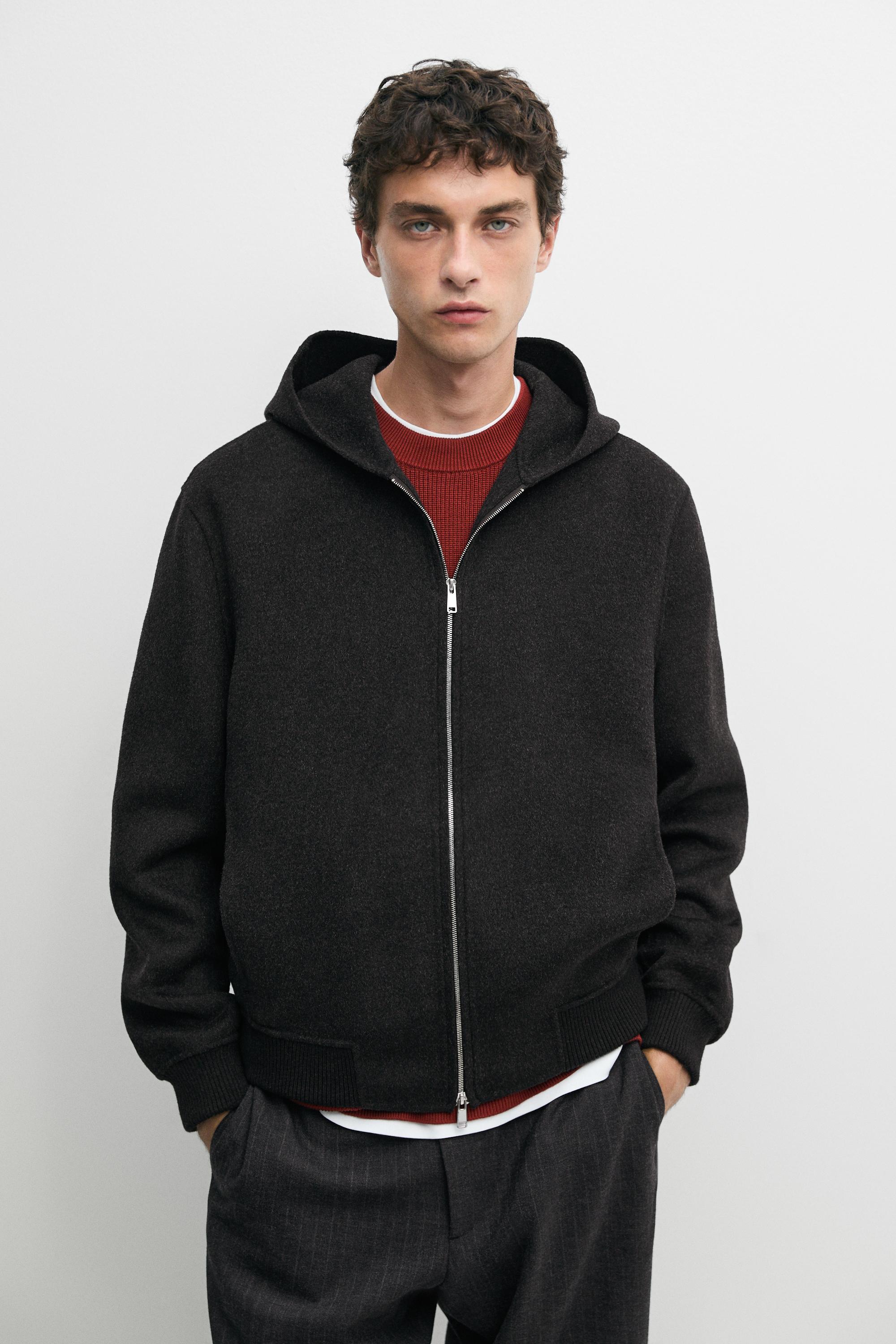 Wool blend double-knit hooded jacket Charcoal