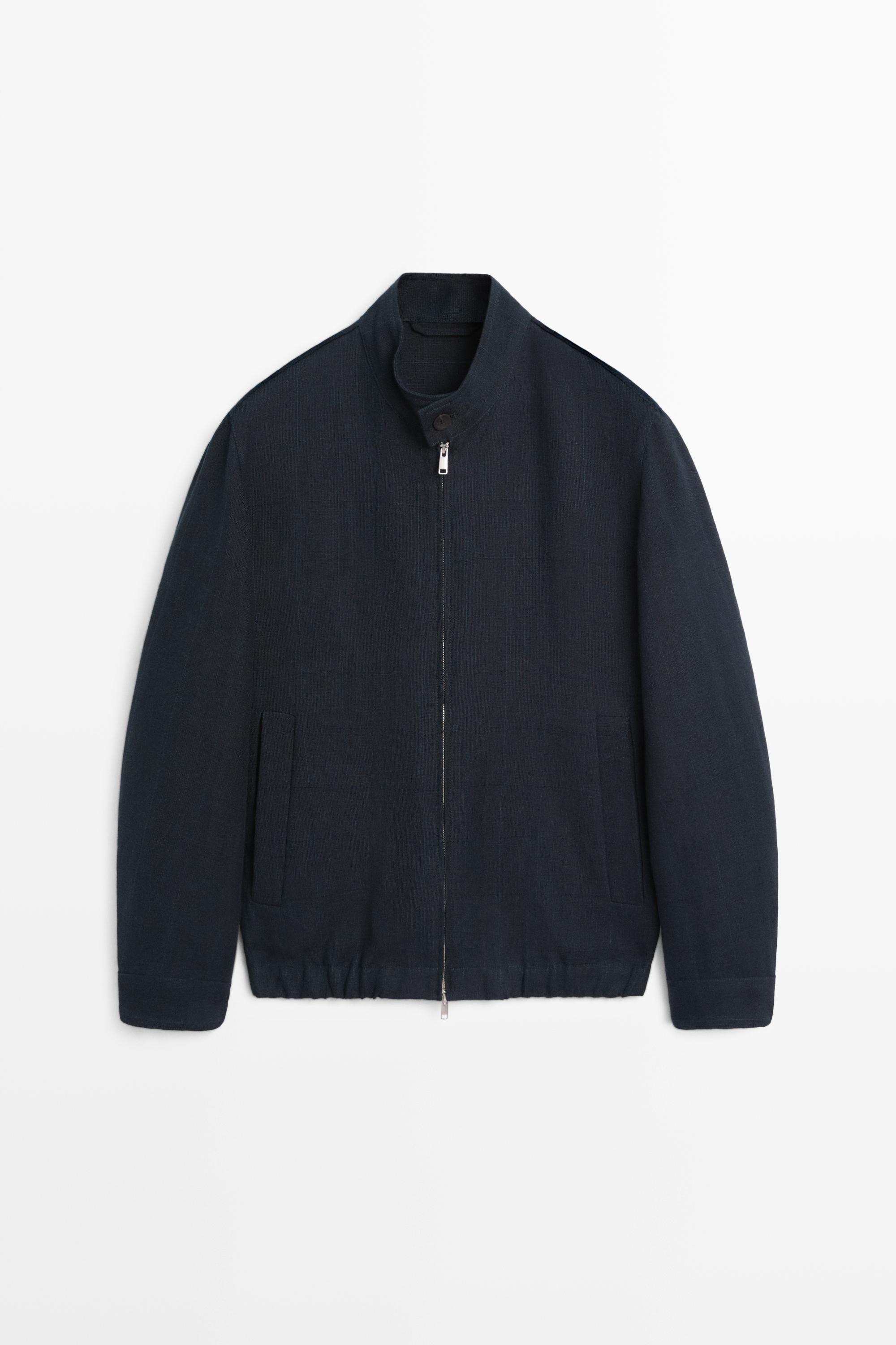 100% linen banded collar jacket Navy Blue