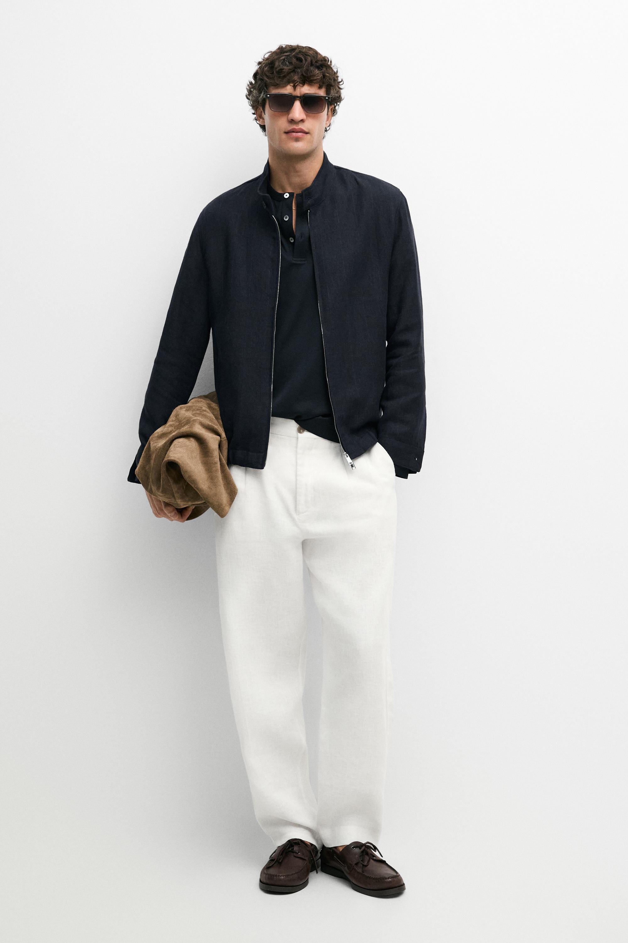 100% linen banded collar jacket Navy Blue