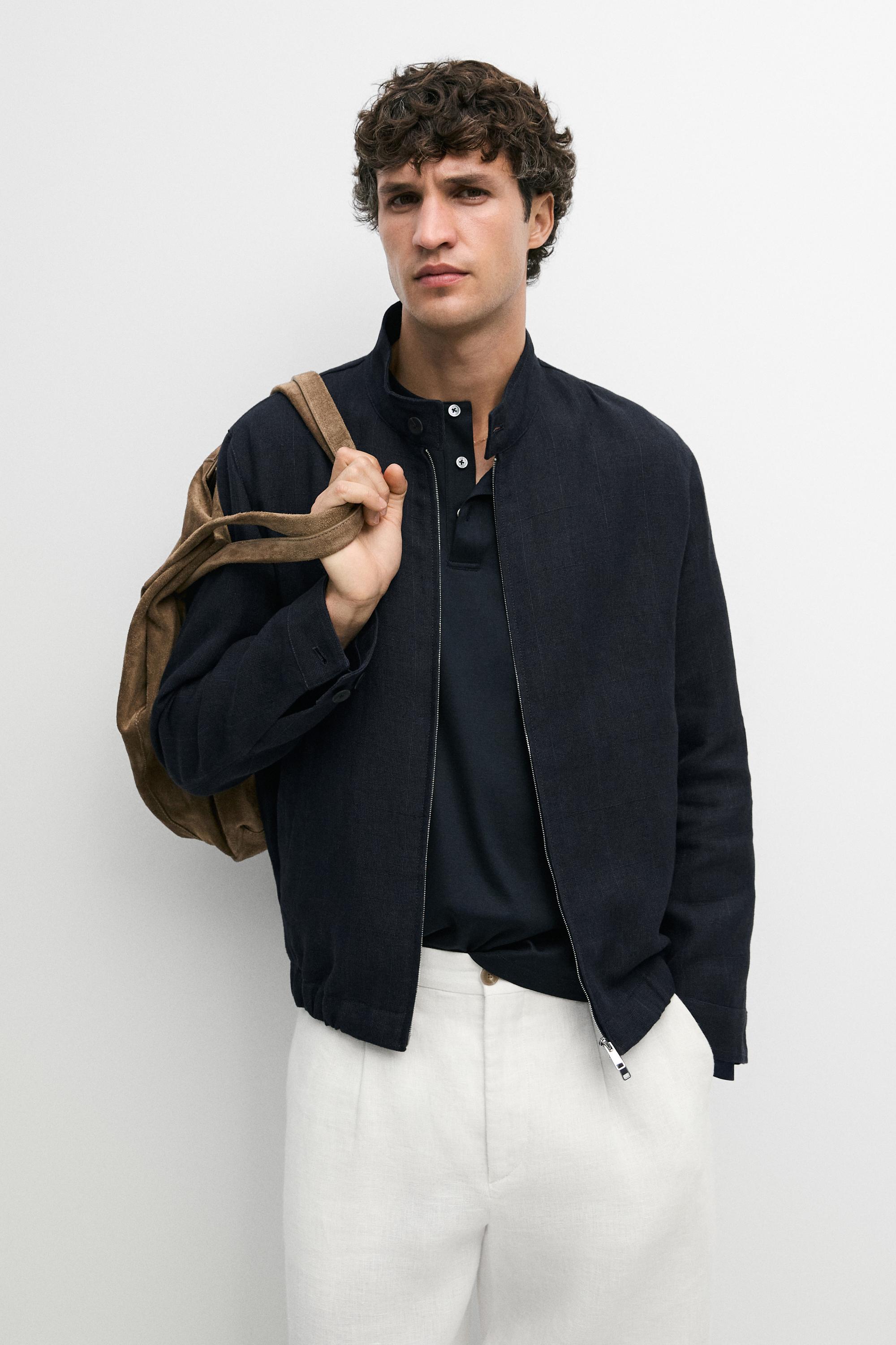 100% linen banded collar jacket Navy Blue