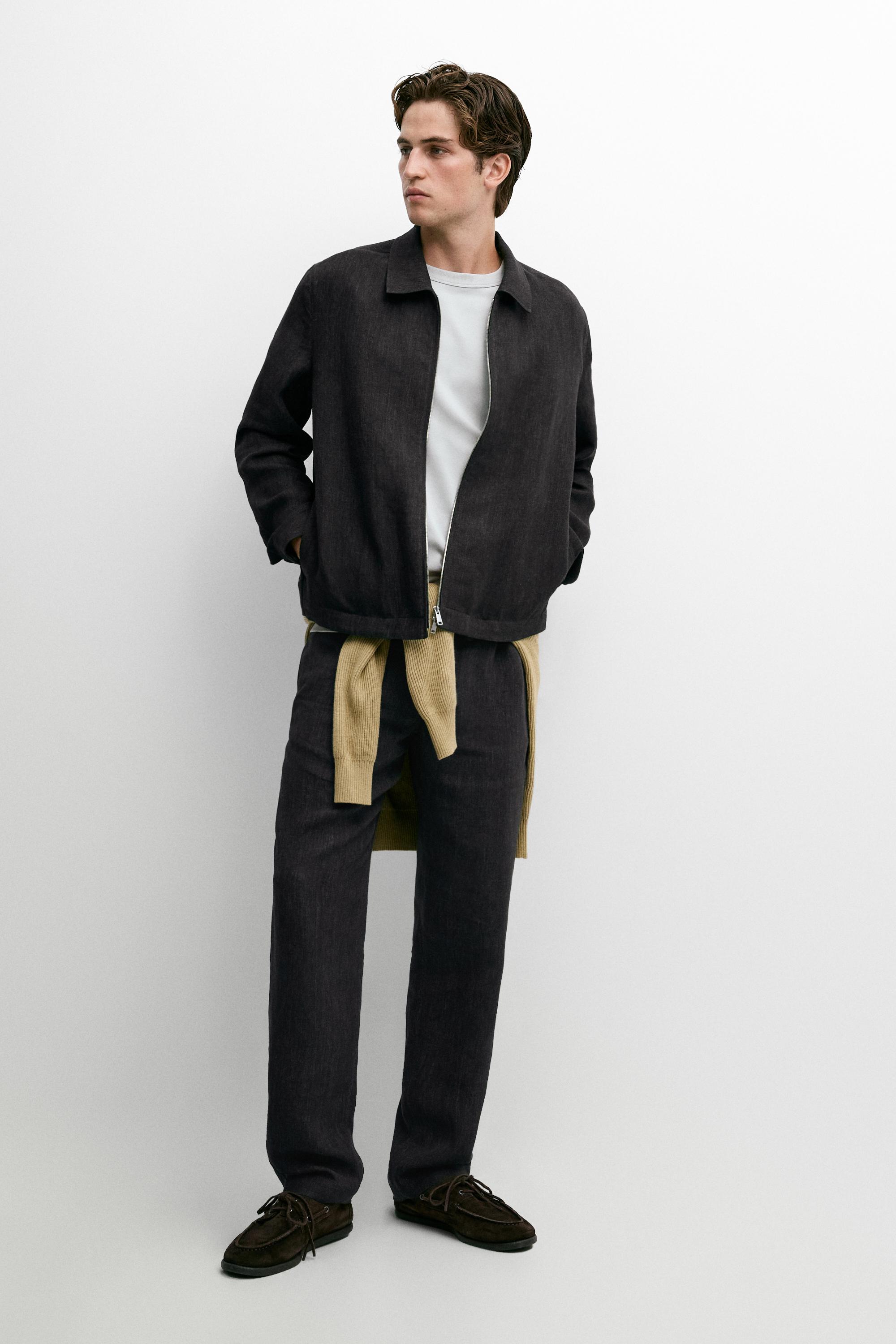 Linen total look zip-up jacket Grey Blue