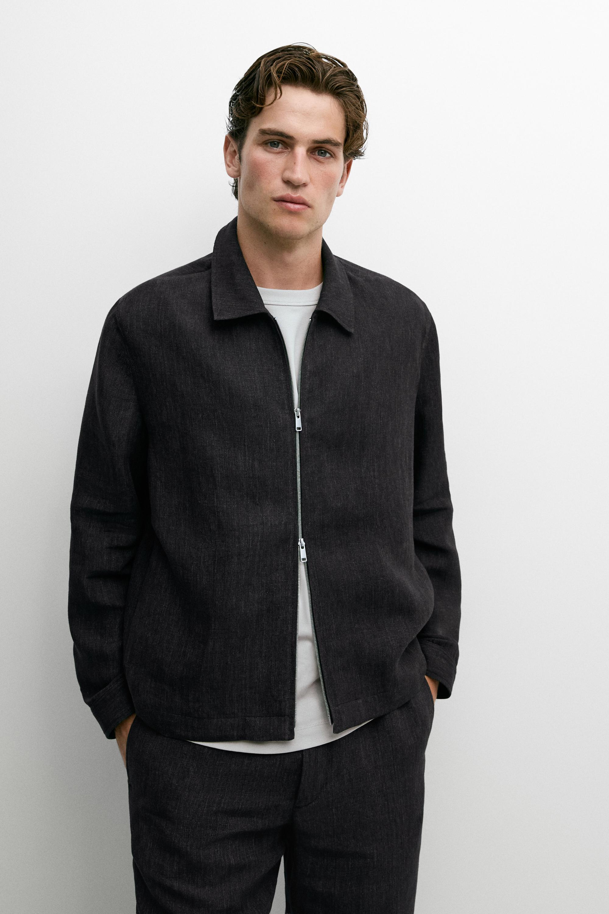 Linen total look zip-up jacket Grey Blue