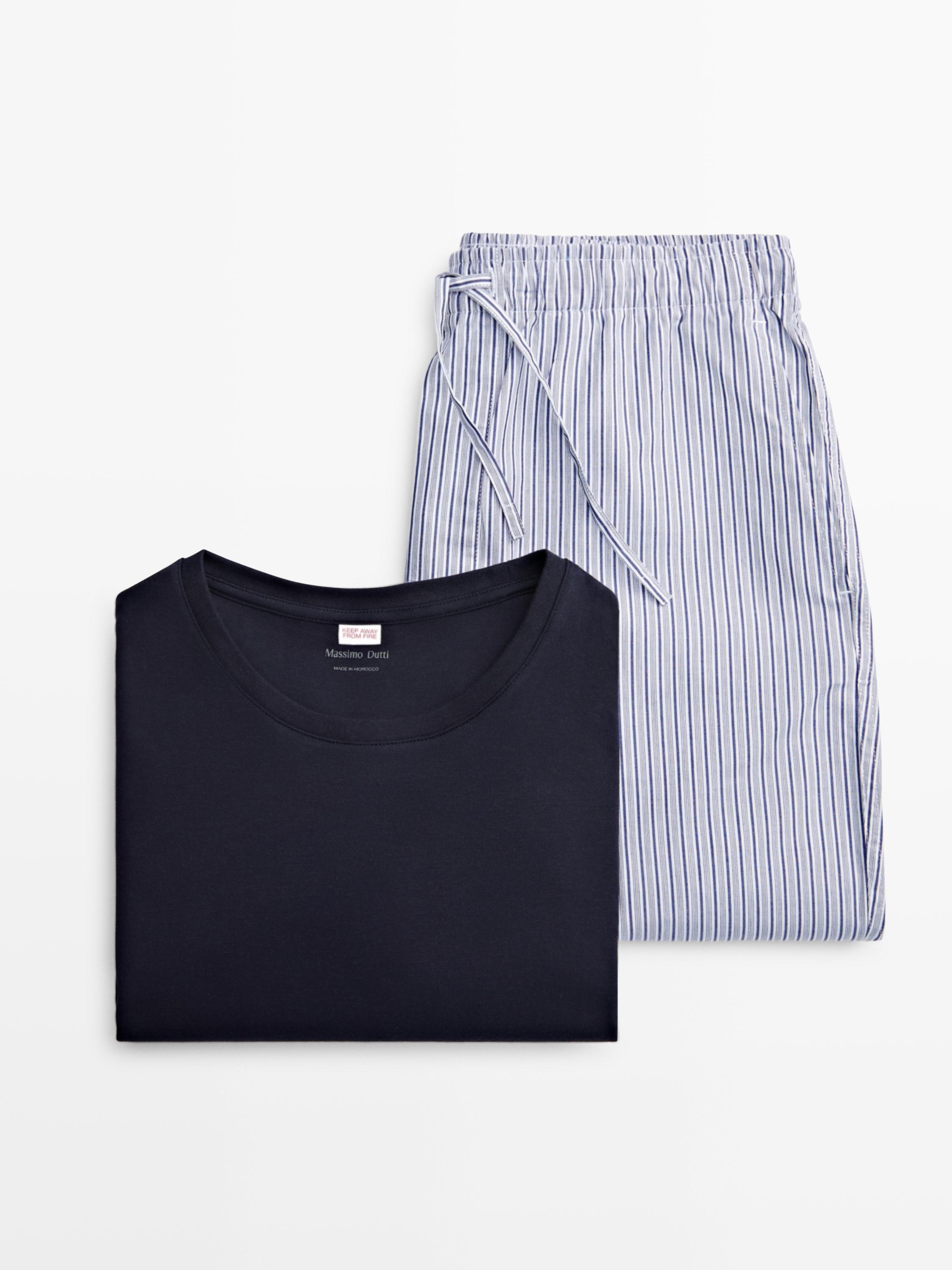 Short sleeve pyjama top and striped trousers Blue
