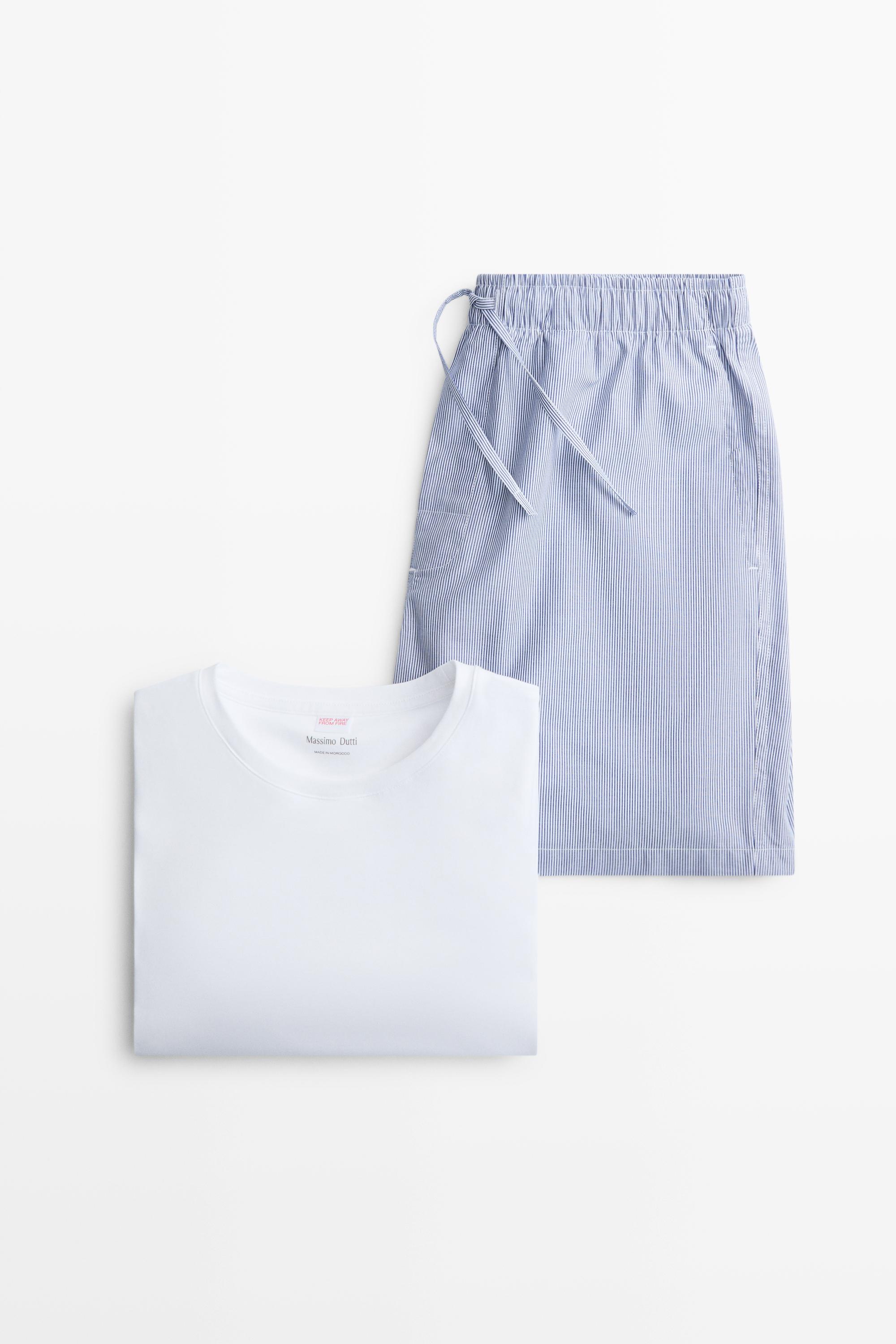 Short sleeve pyjama top and striped trousers Navy Blue