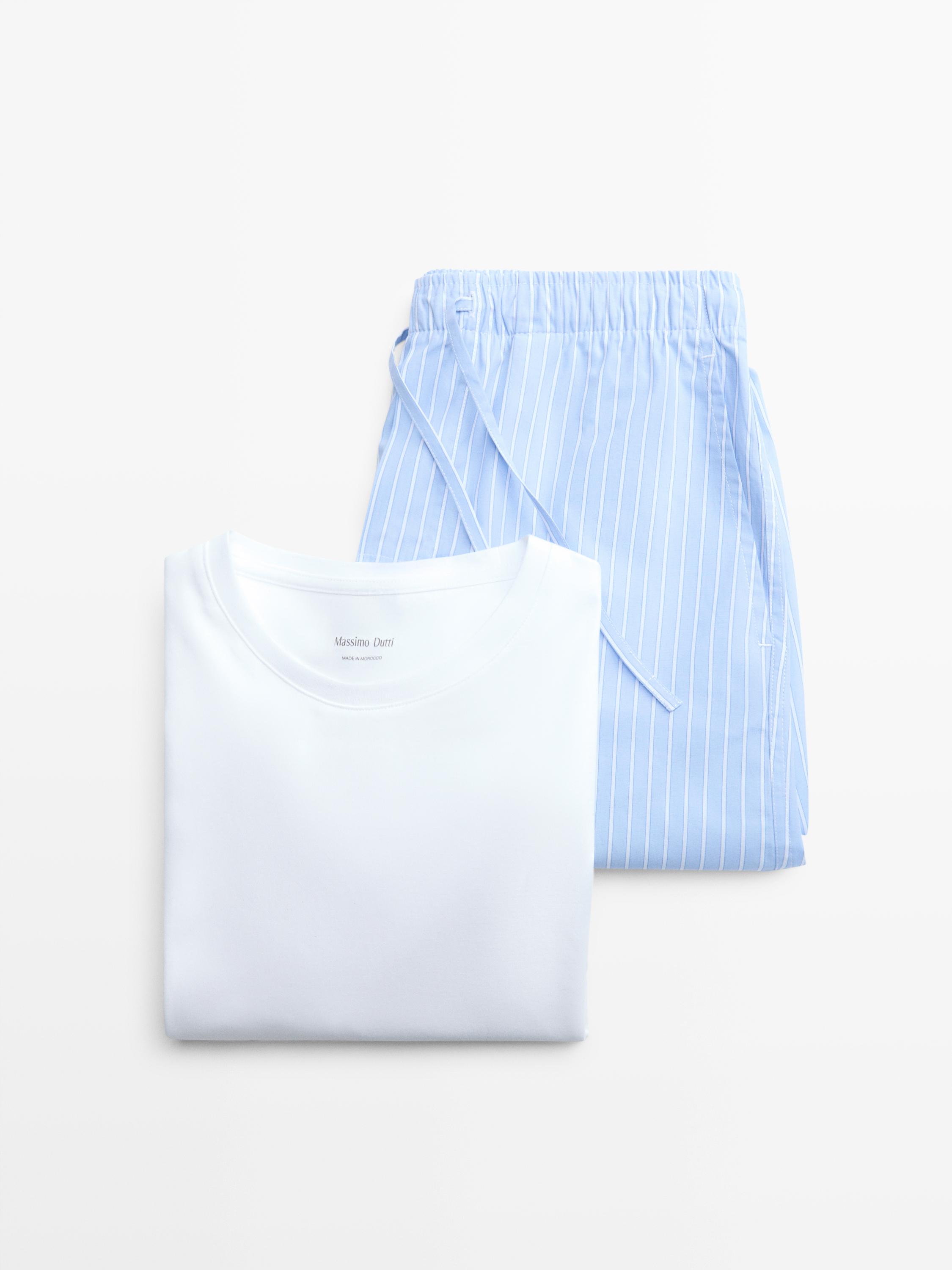 Short sleeve pyjama top and striped trousers Sky Blue
