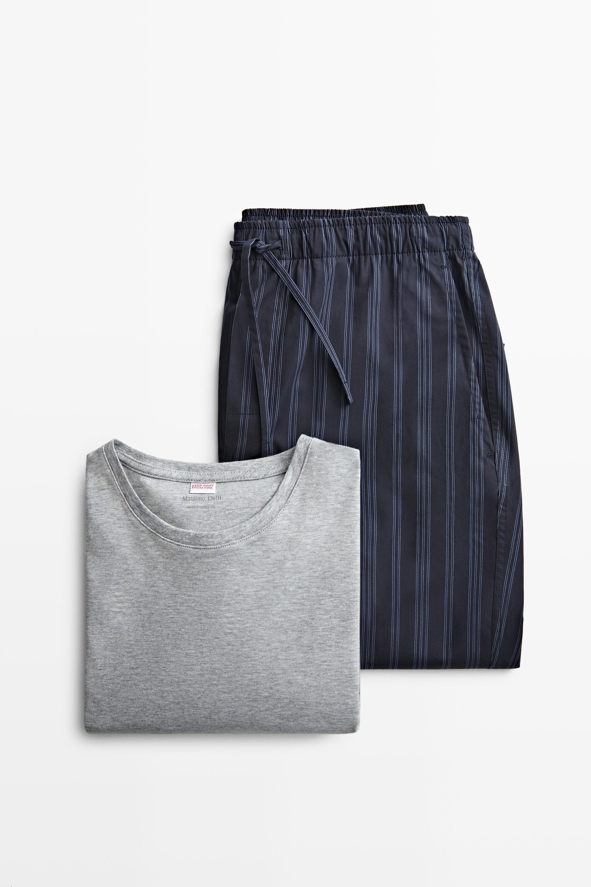 Short sleeve pyjama top and striped trousers Navy Blue