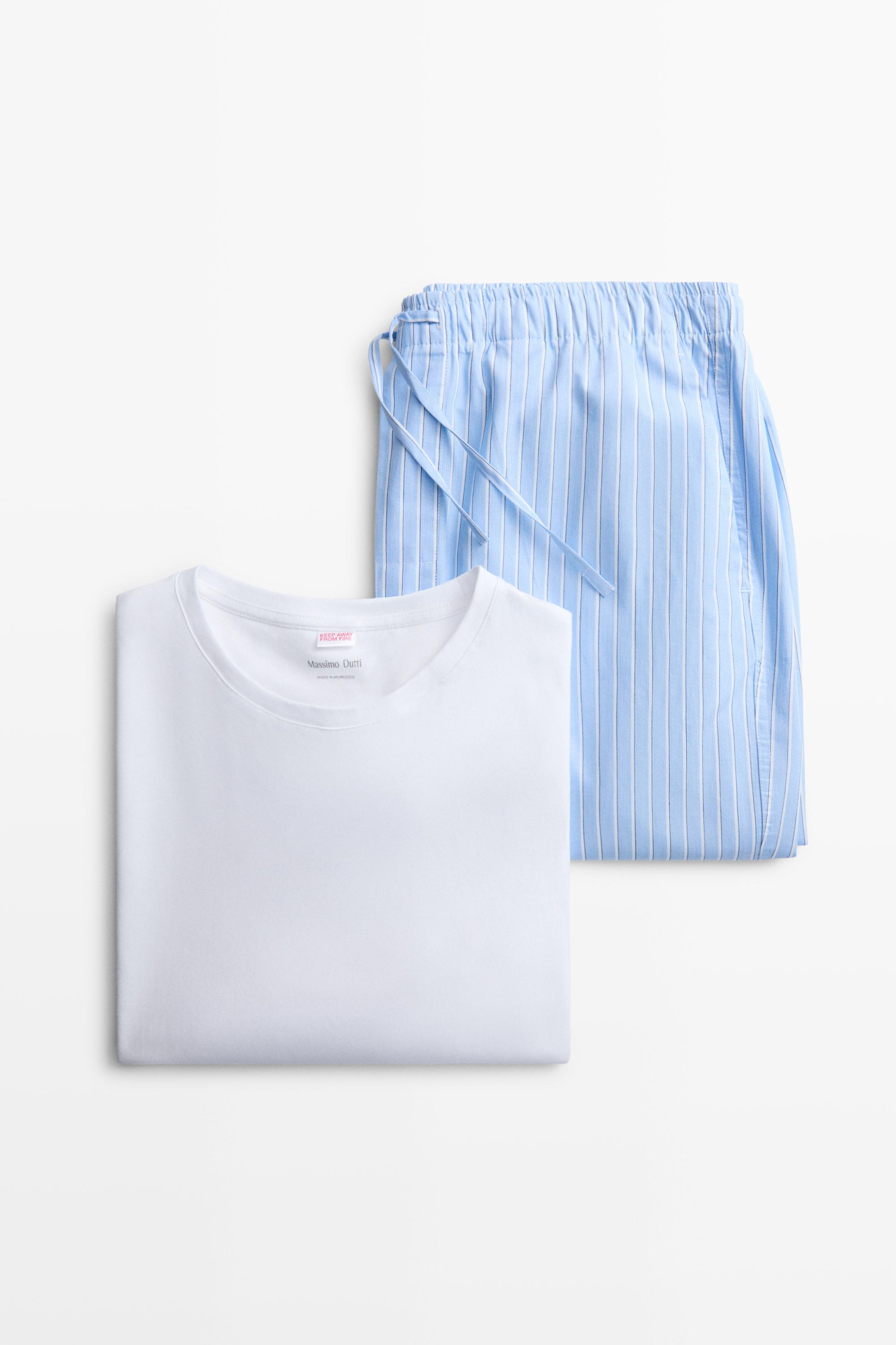 Short sleeve pyjama top and striped trousers Sky Blue