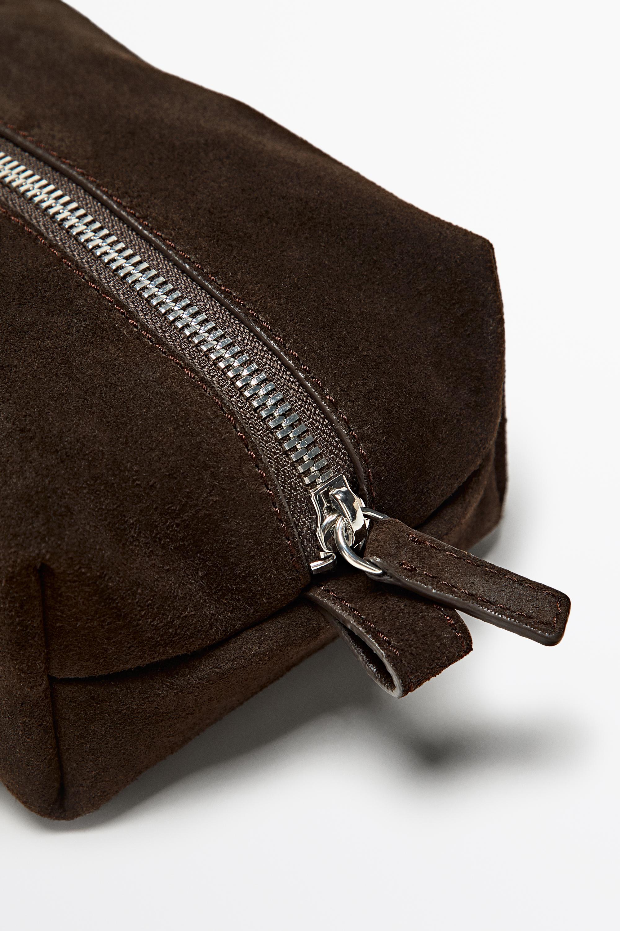 Mini split suede leather toiletry bag Chocolate