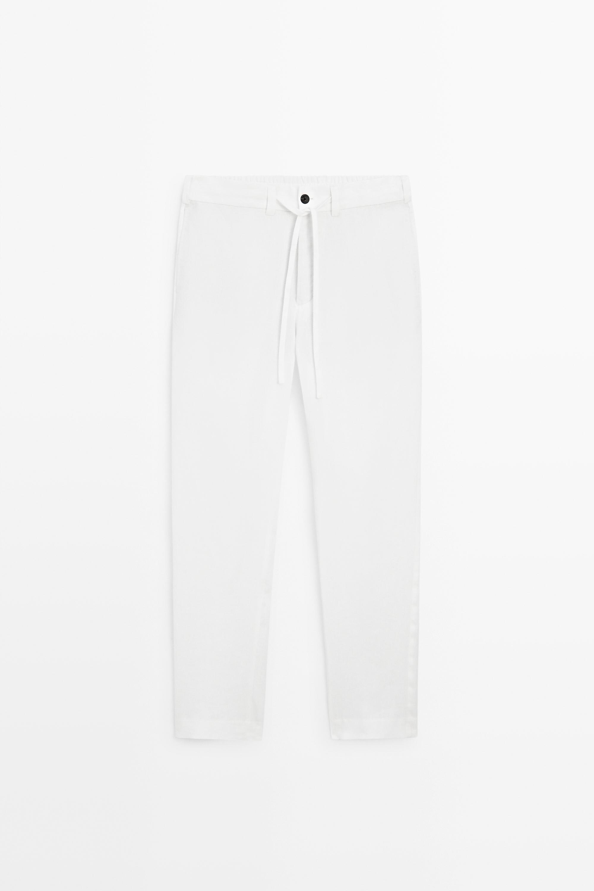 100% linen trousers with elasticated waist White