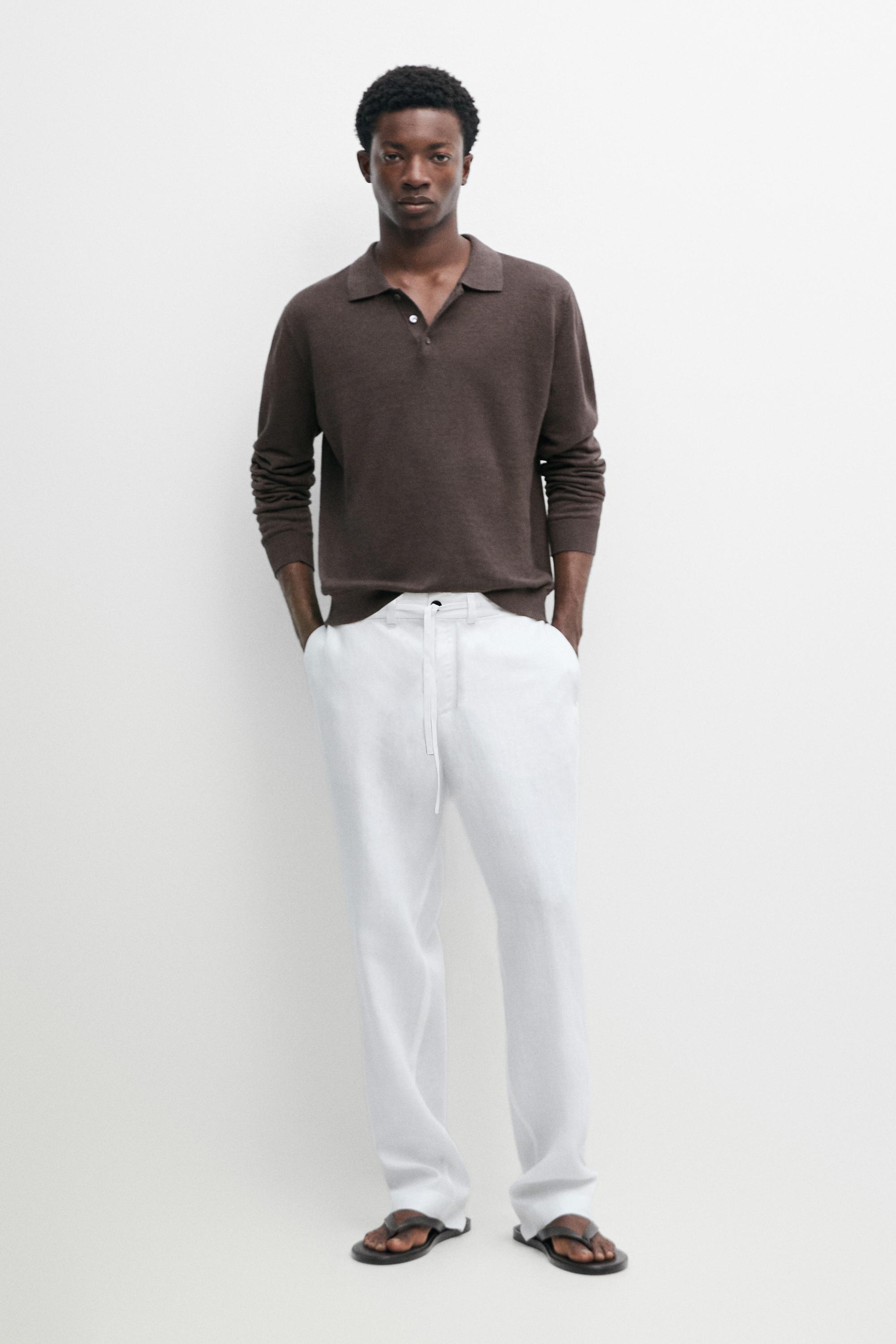 100% linen trousers with elasticated waist White
