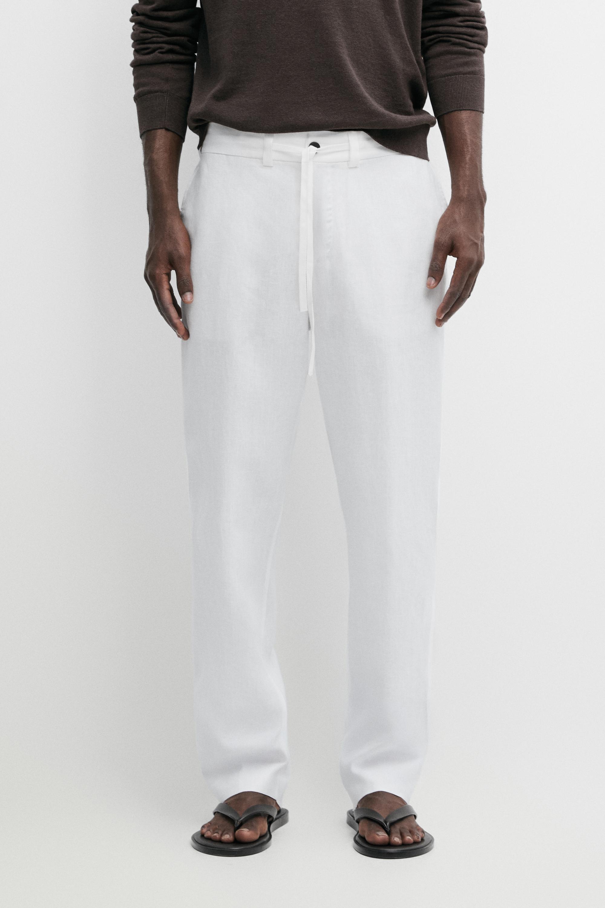 100% linen trousers with elasticated waist White