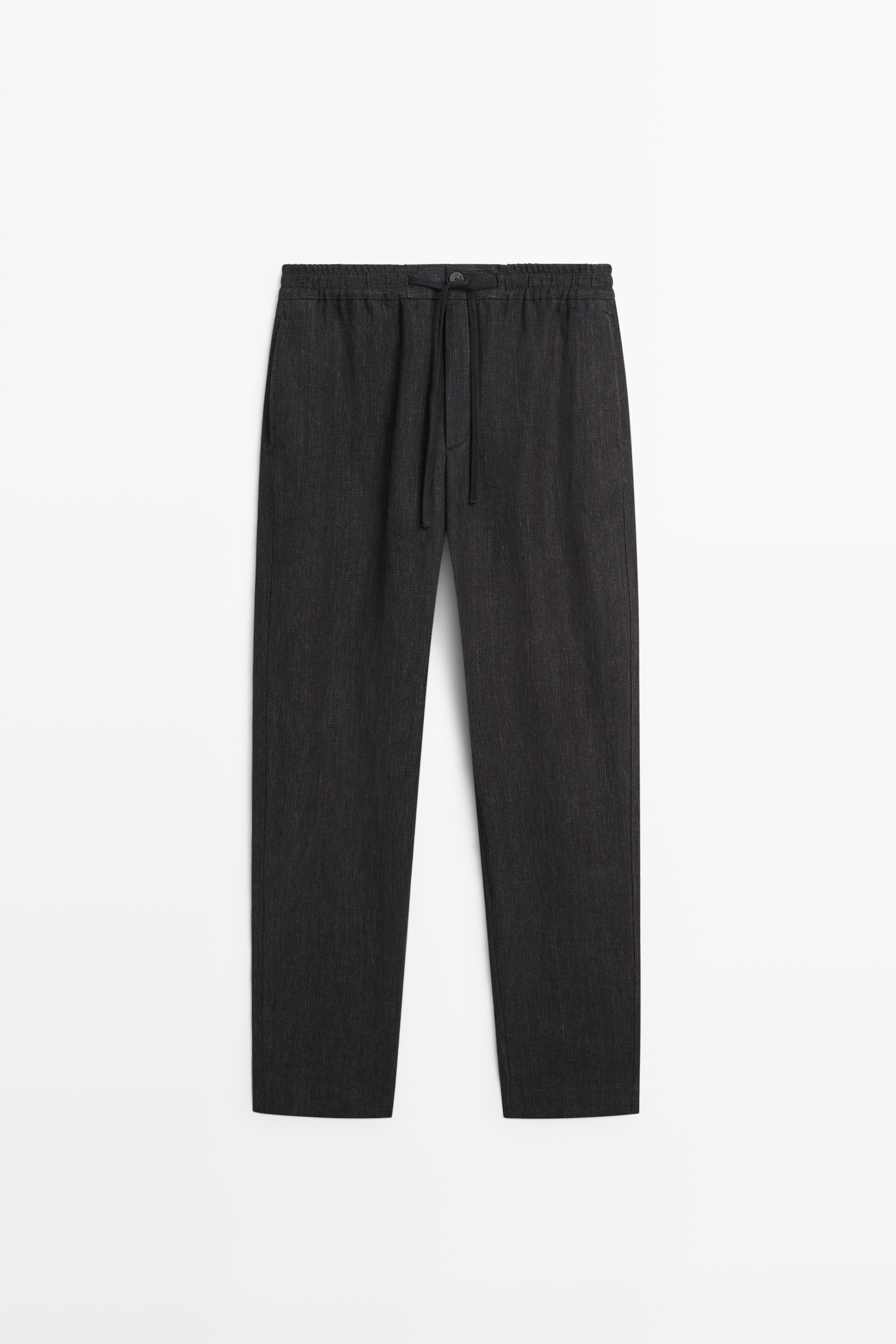 Linen jogger-fit pants total look Grey Blue