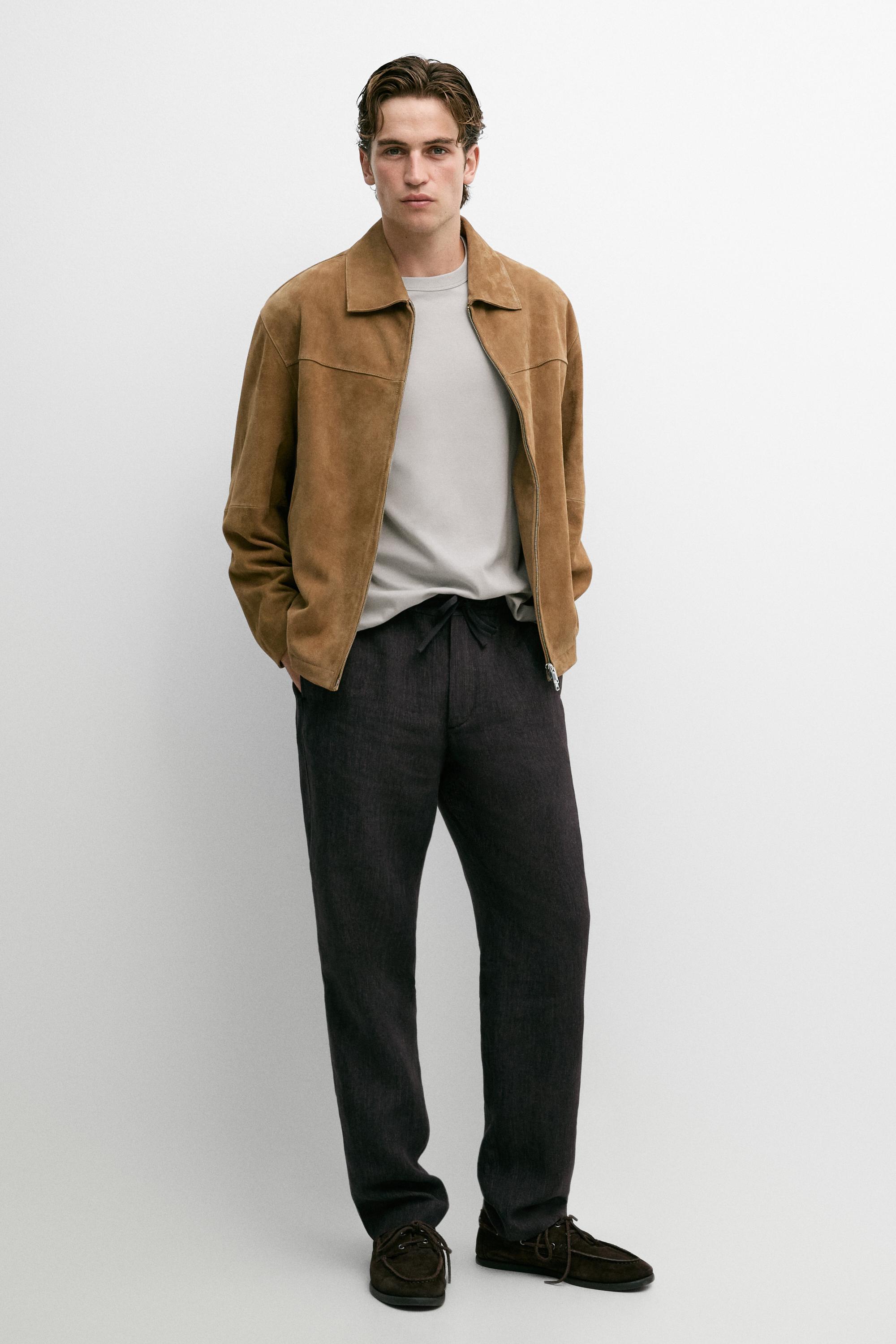 Linen jogger-fit pants total look Grey Blue