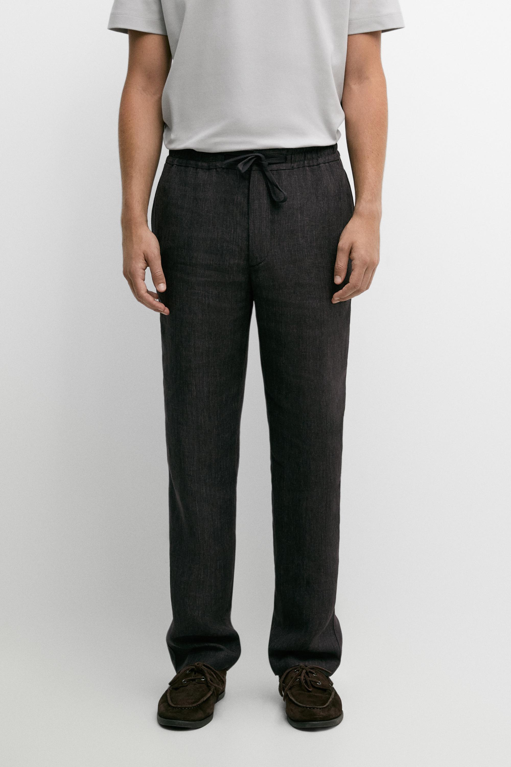 Linen jogger-fit pants total look Grey Blue