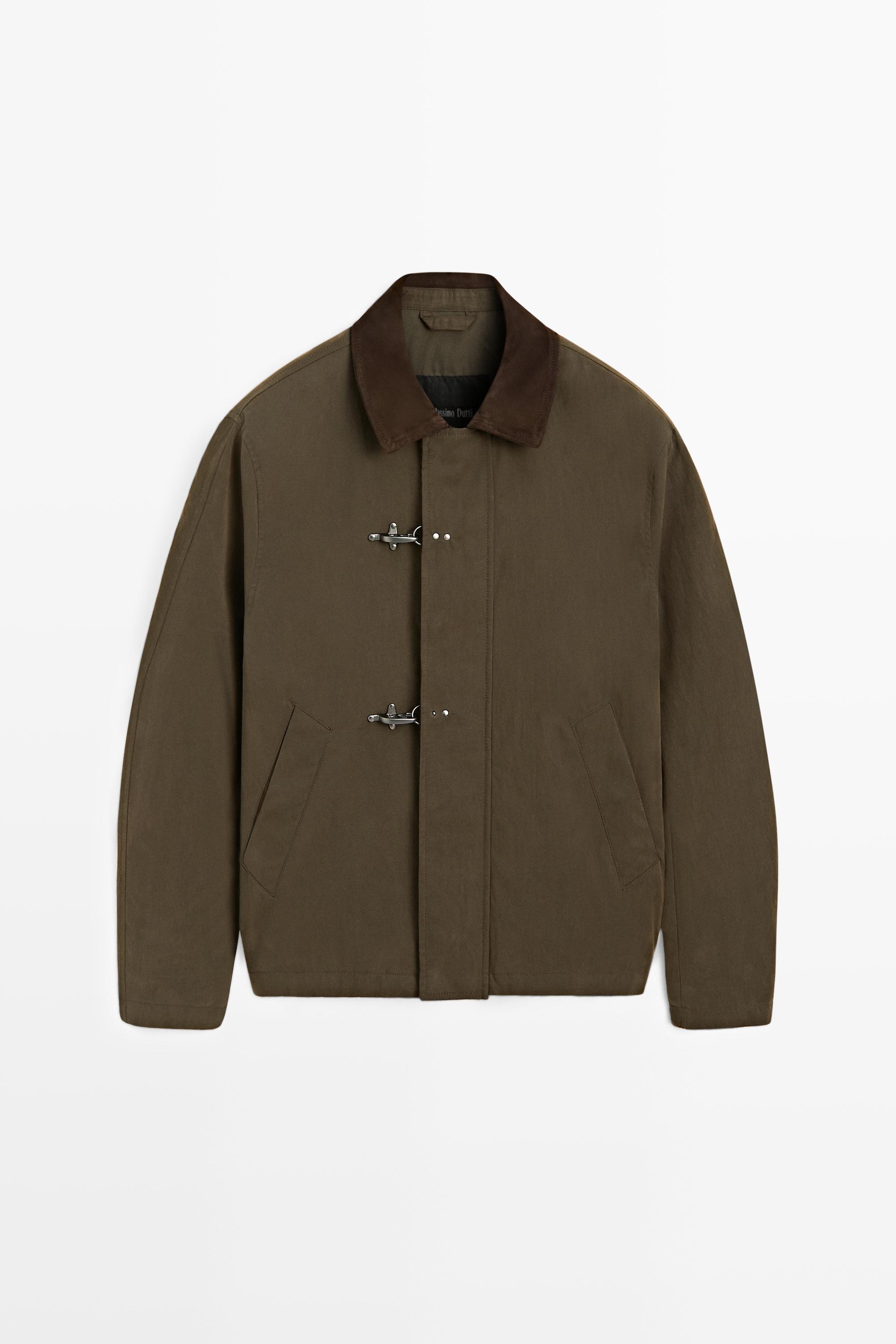 Jacket with leather collar detail Dark Khaki