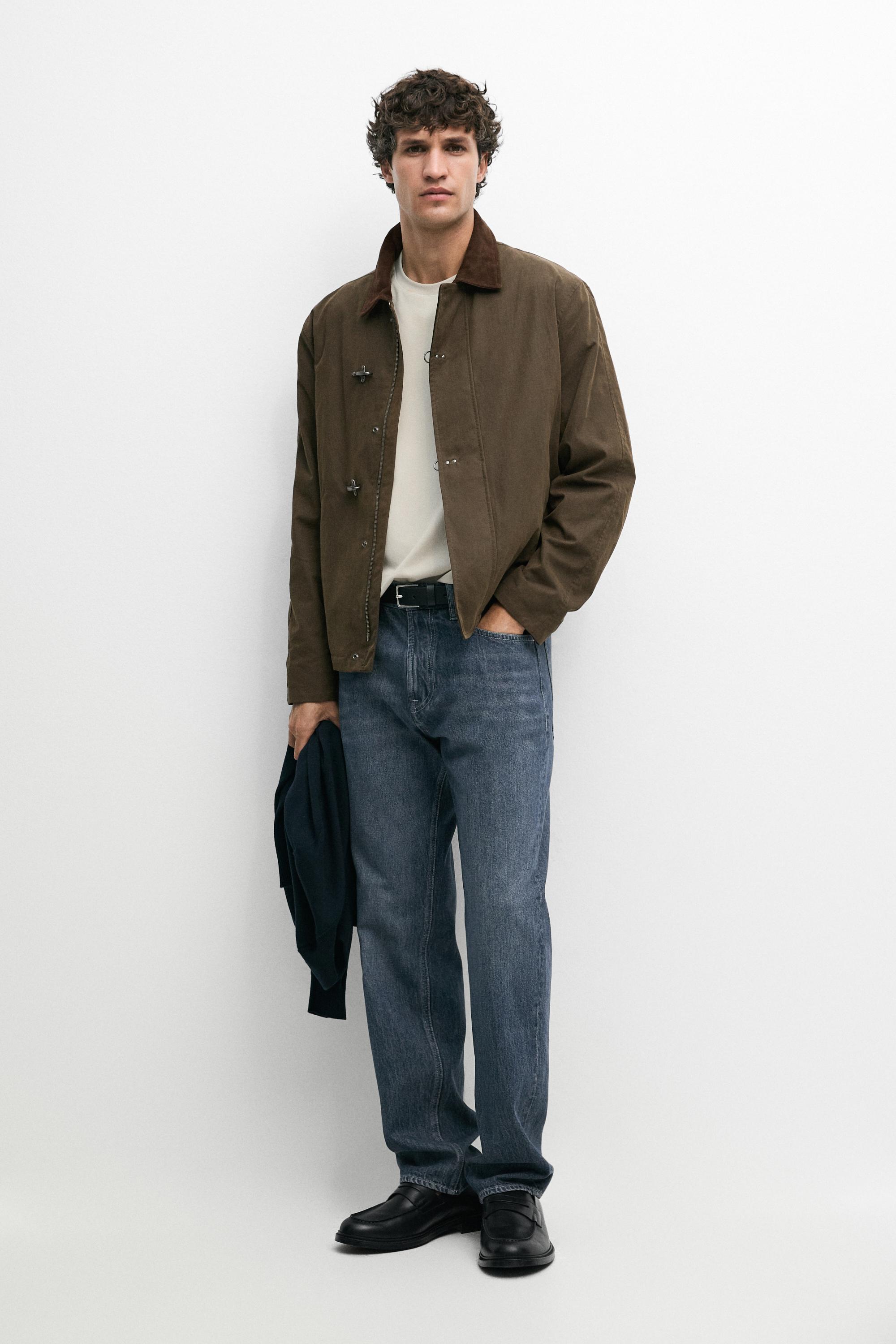 Jacket with leather collar detail Dark Khaki