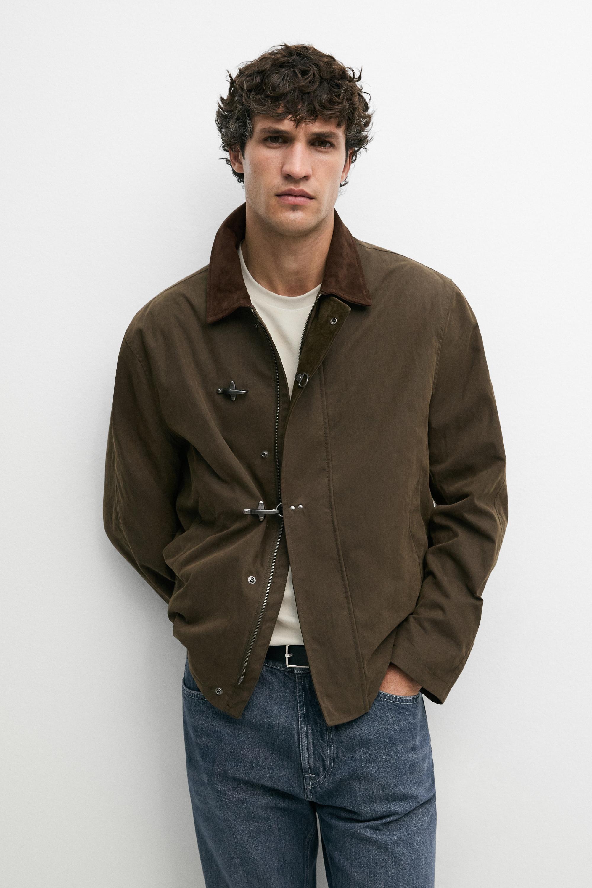 Jacket with leather collar detail Dark Khaki