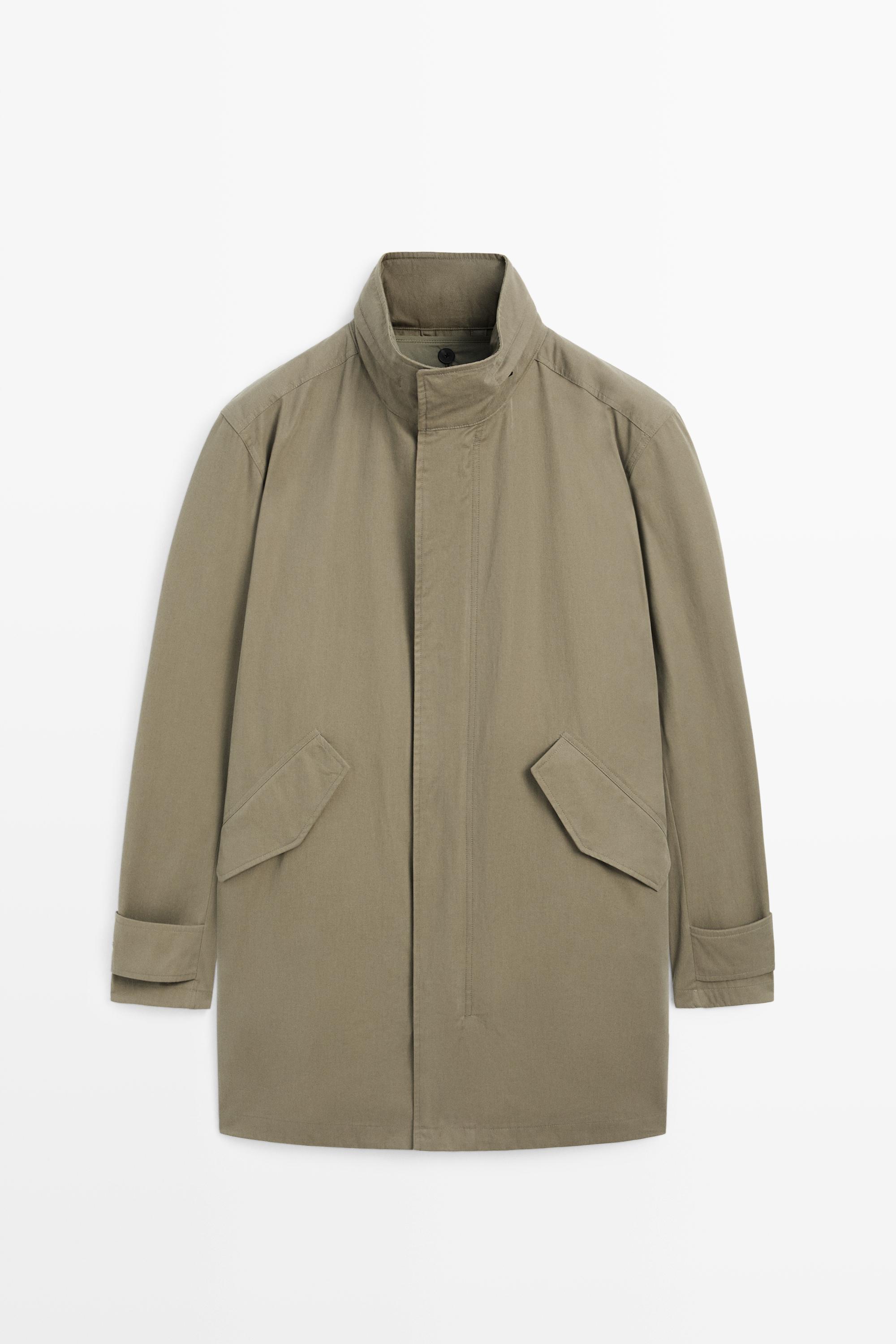 Long high neck 100% cotton parka Pale Khaki