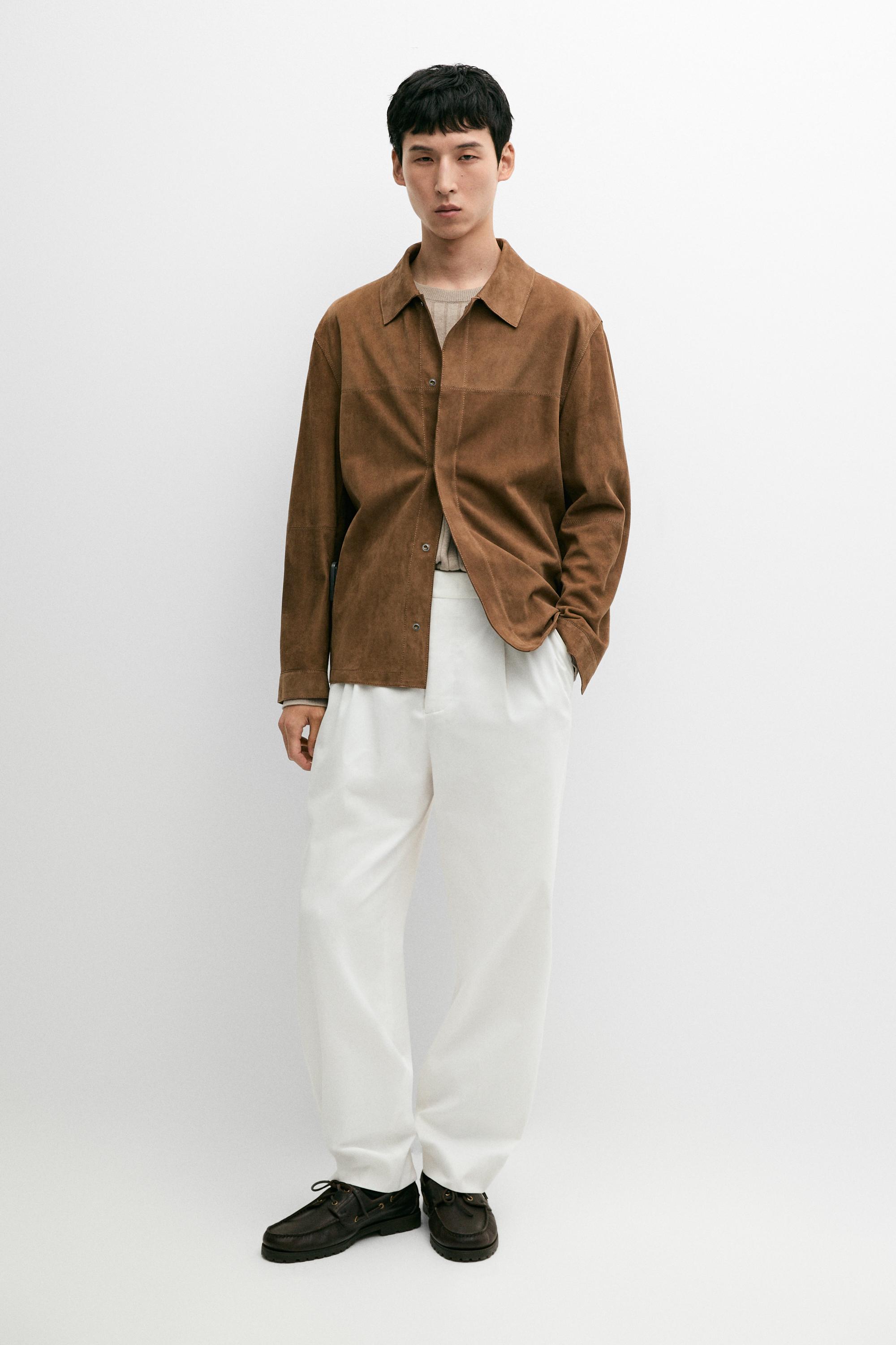 Lightweight suede leather overshirt Brown