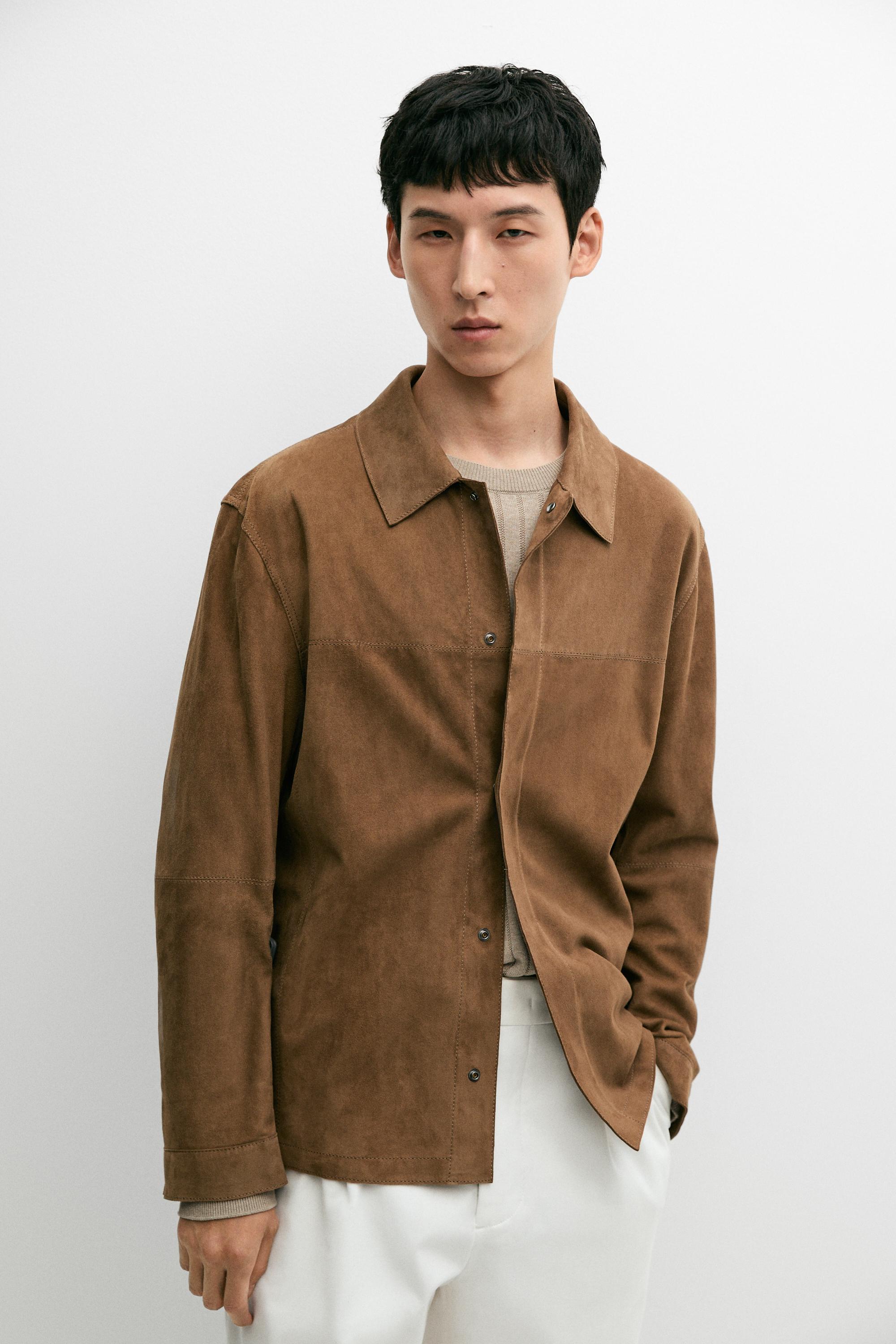 Lightweight suede leather overshirt Brown