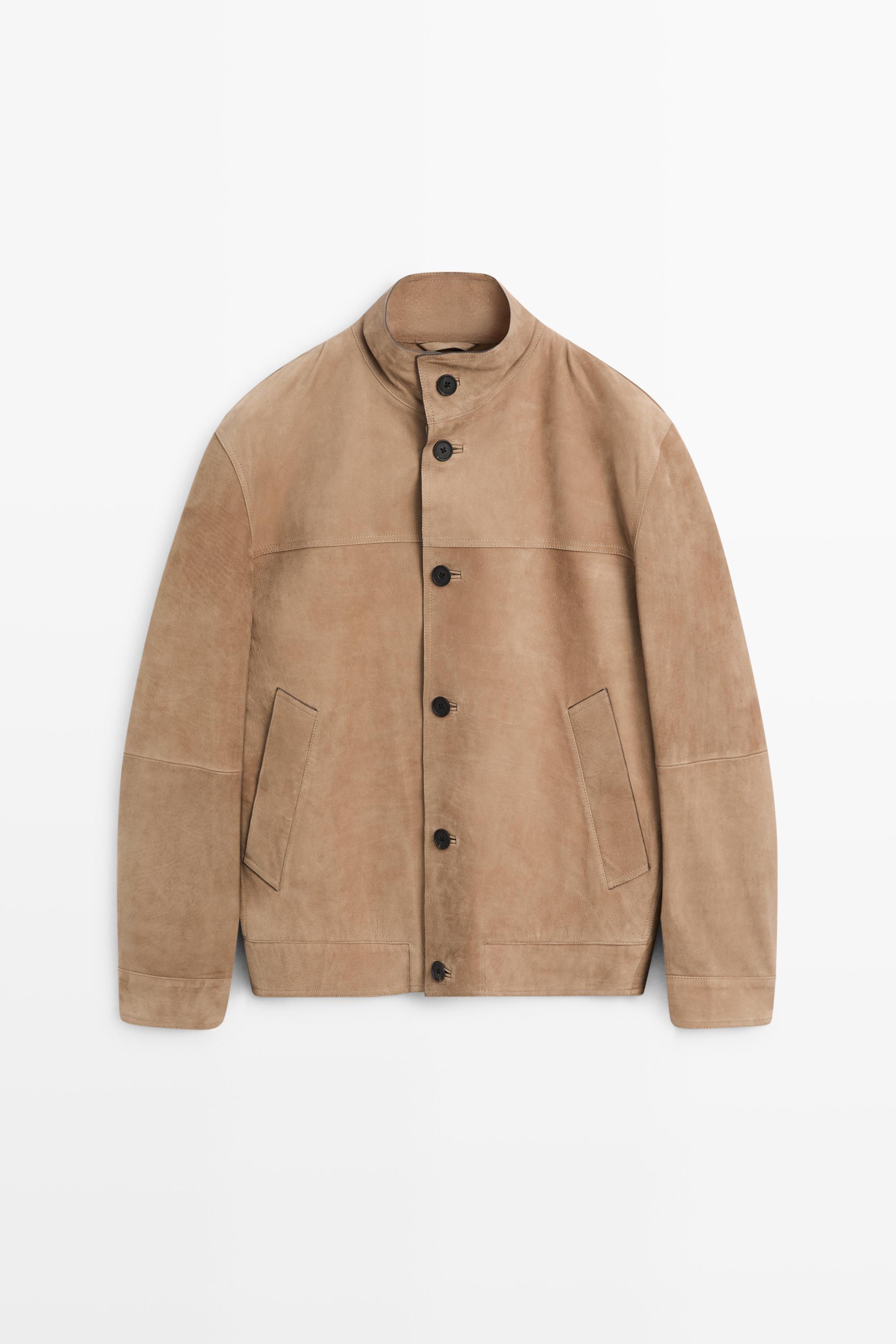 Nubuck leather jacket with stand-up collar Beige