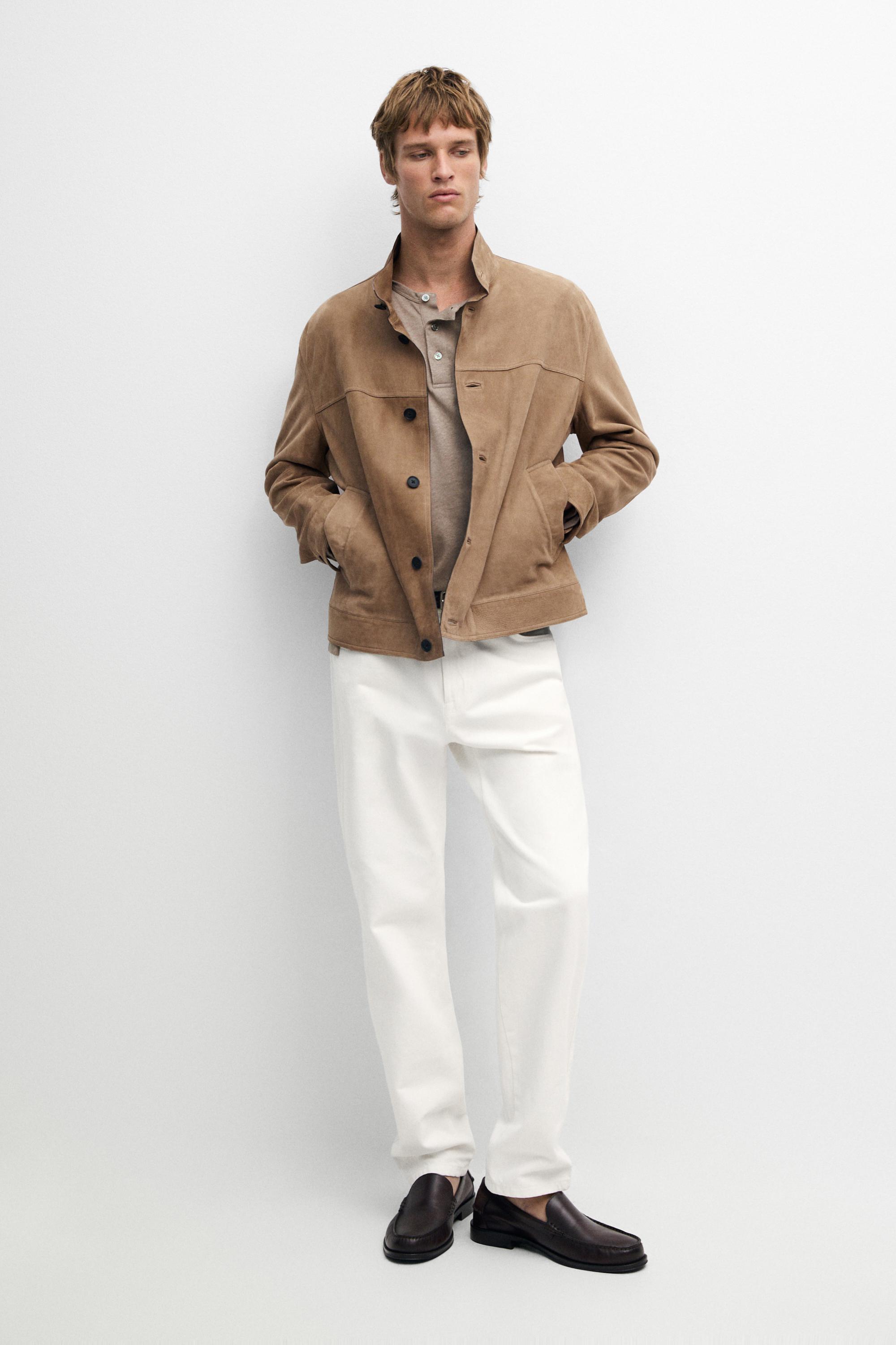 Nubuck leather jacket with stand-up collar Beige