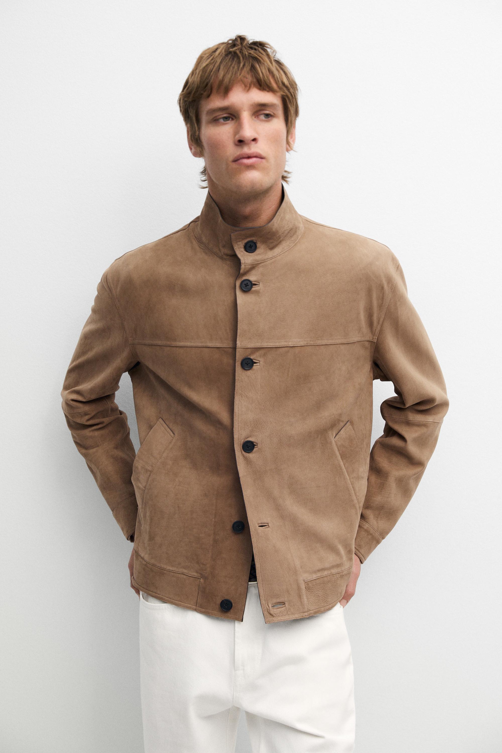 Nubuck leather jacket with stand-up collar Beige