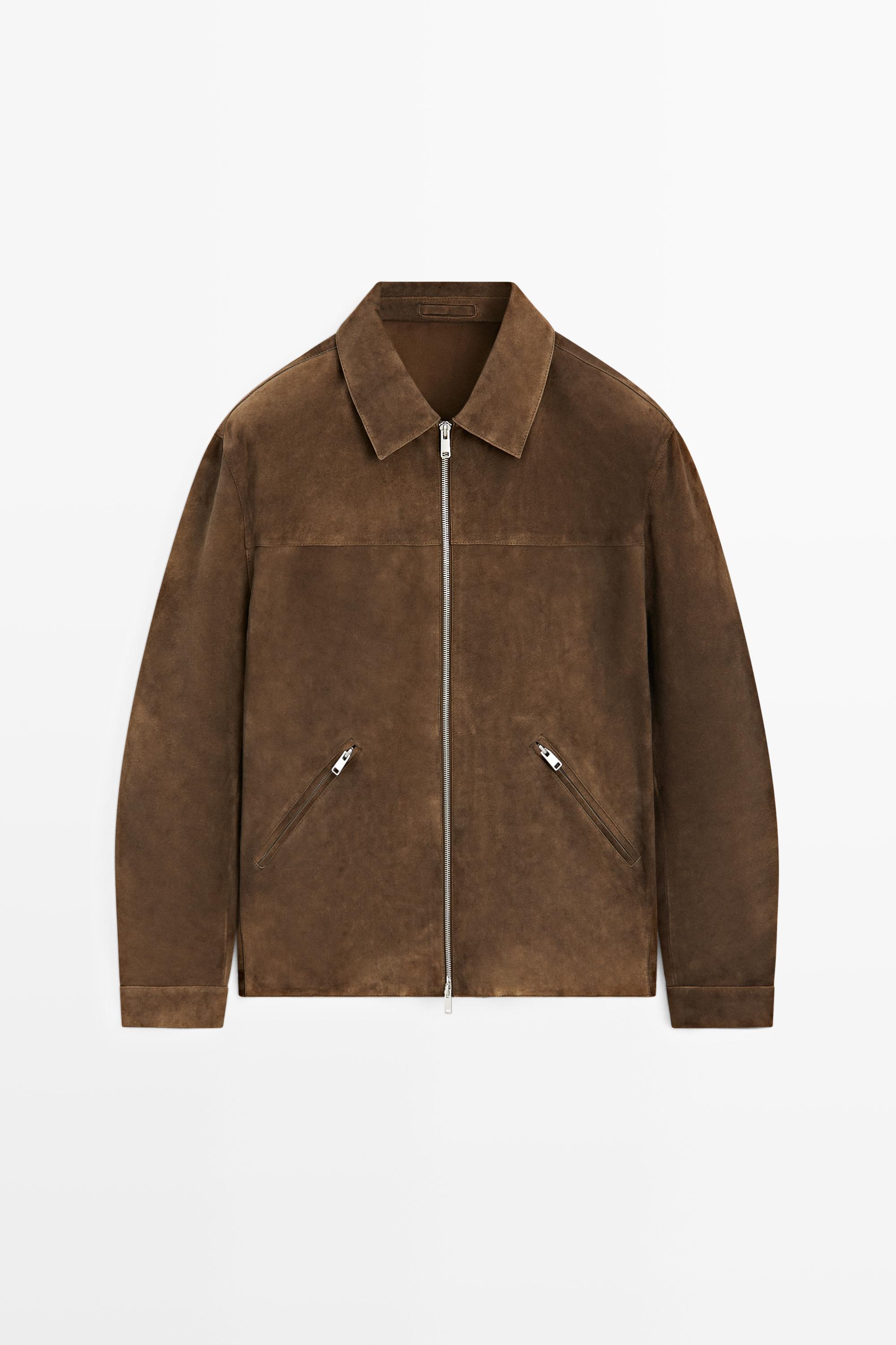 Suede leather zip-up jacket Brown Marl