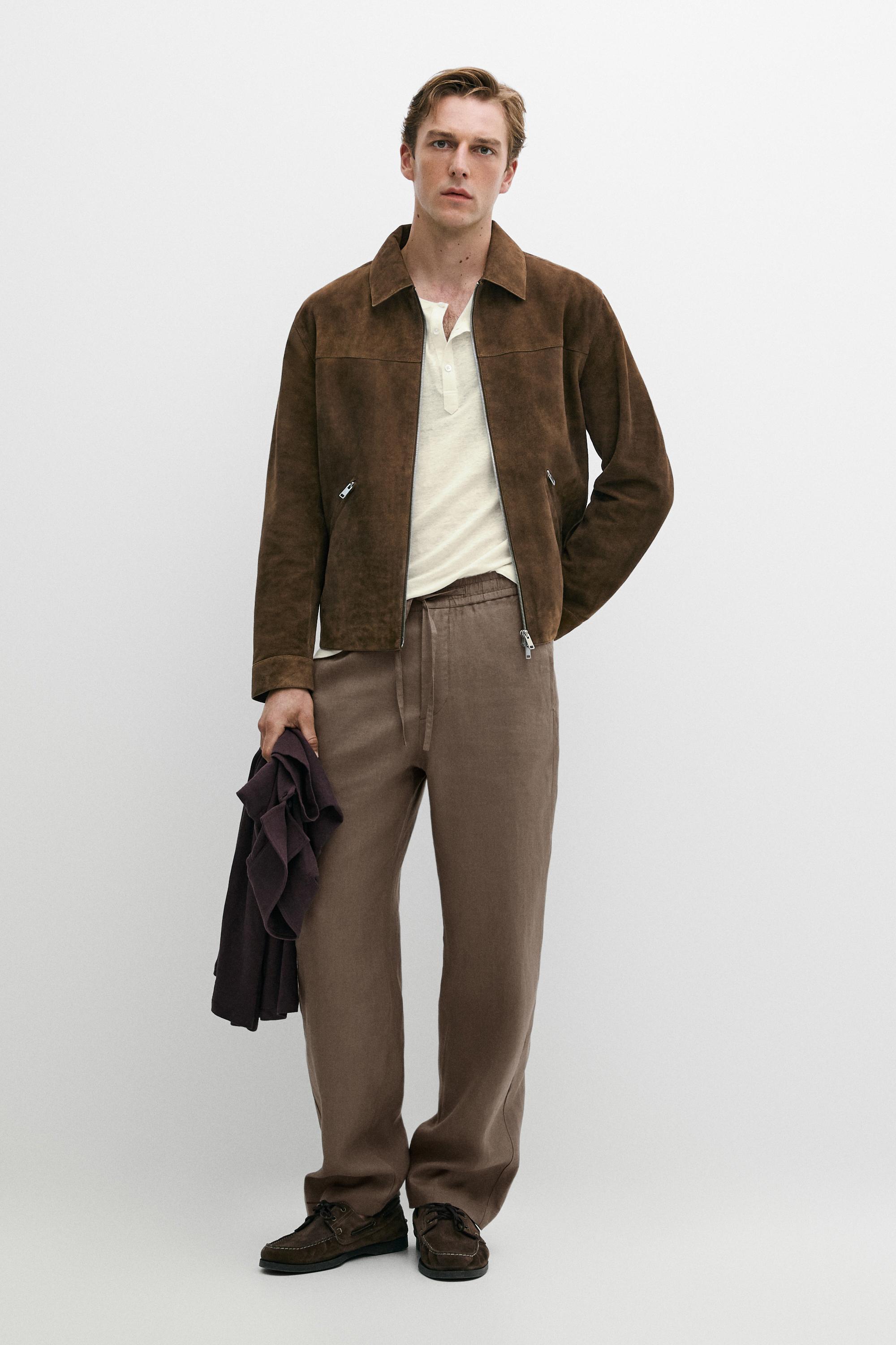 Suede leather zip-up jacket Brown Marl