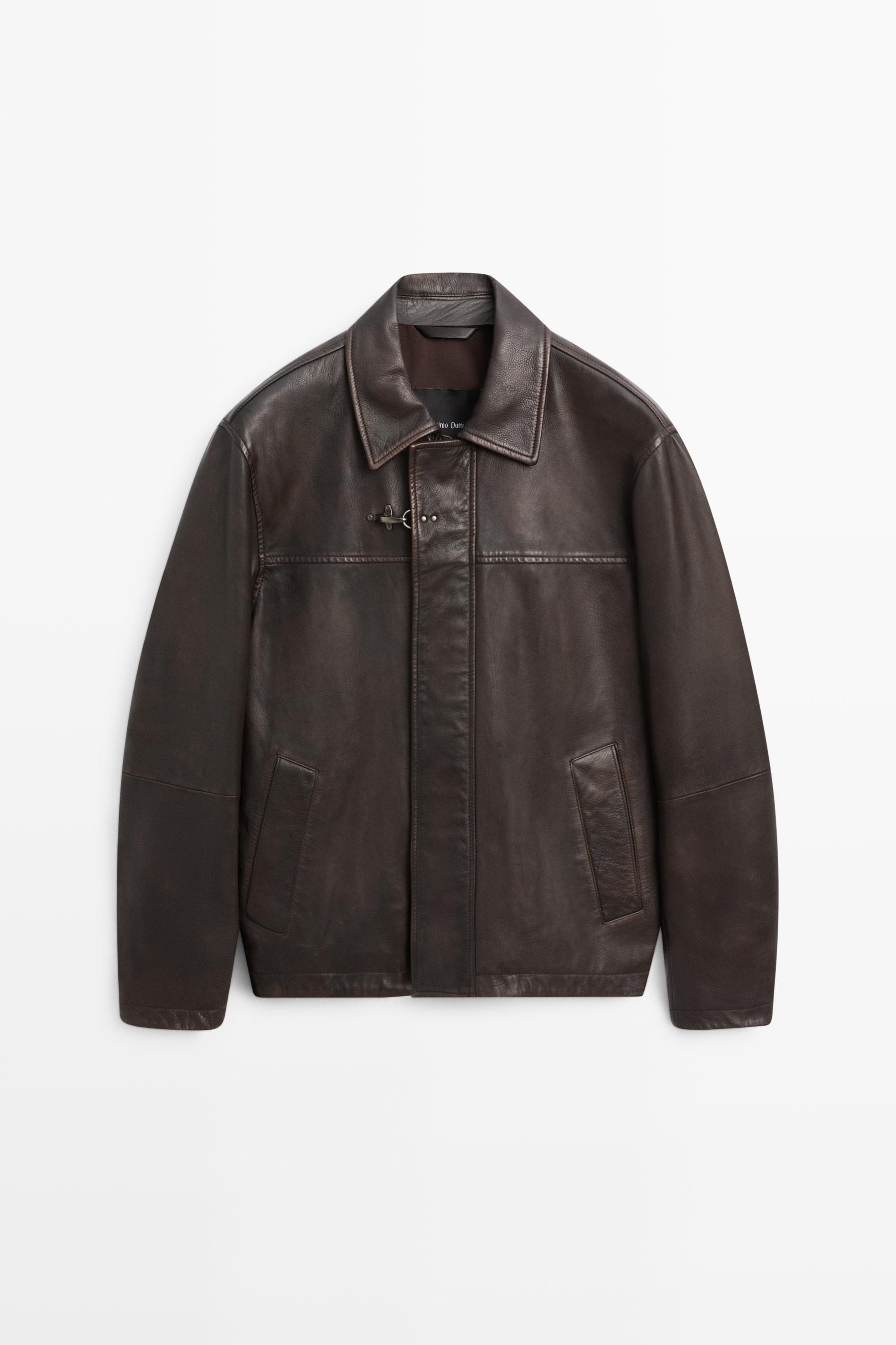Nappa leather jacket with toggle details Brown