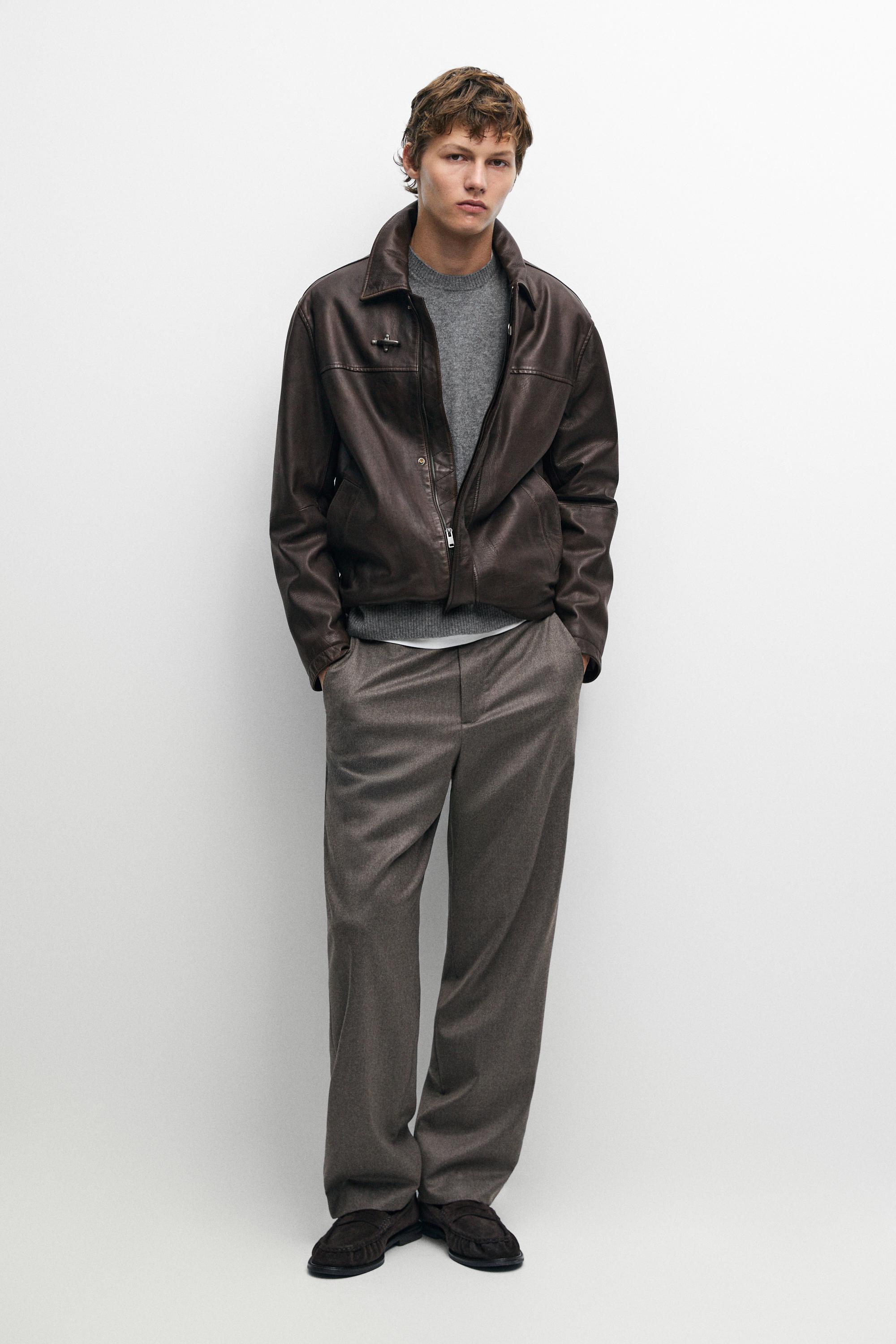 Nappa leather jacket with toggle details Brown