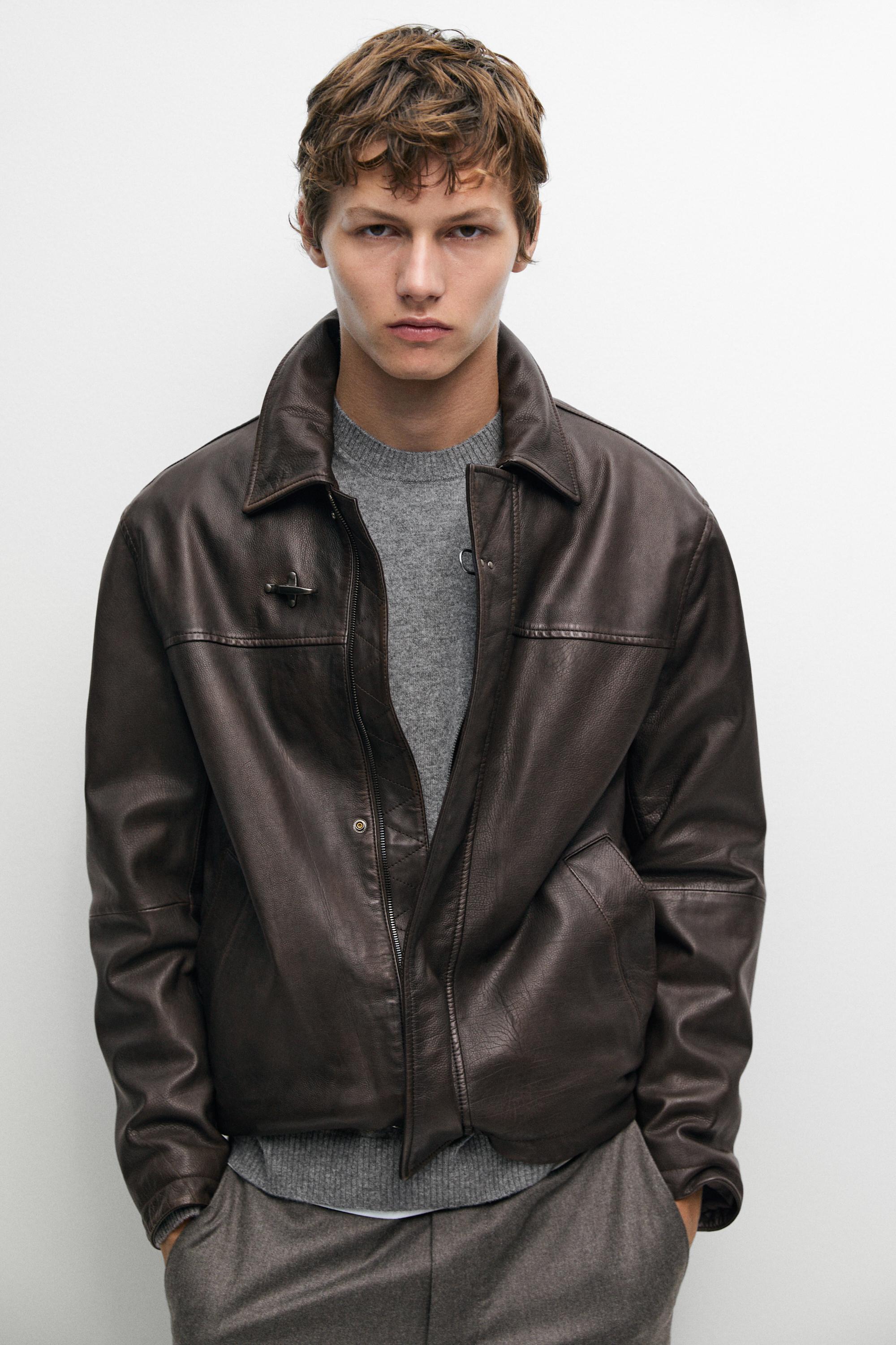 Nappa leather jacket with toggle details Brown