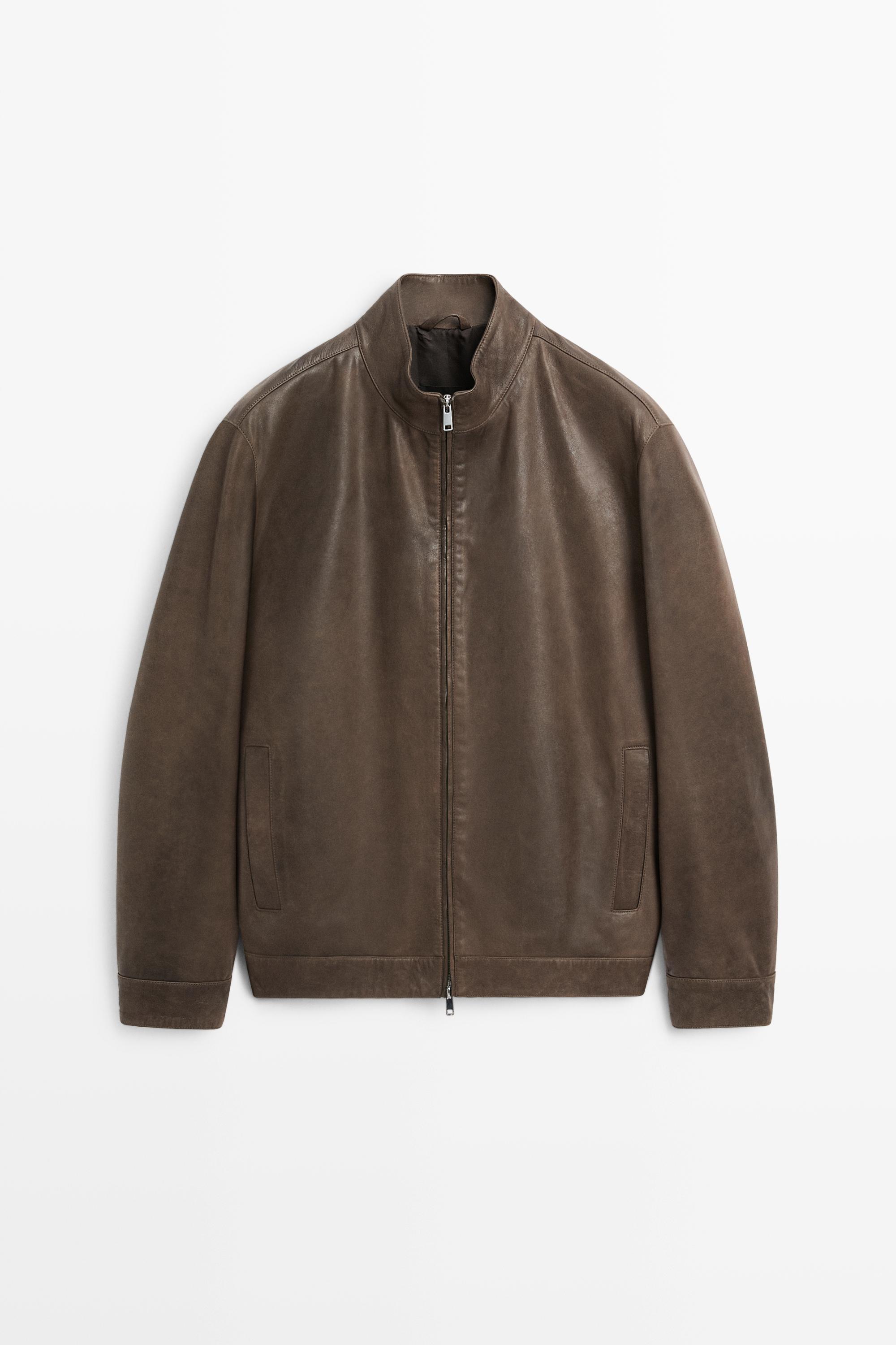 Nappa leather jacket with collar detail Khaki