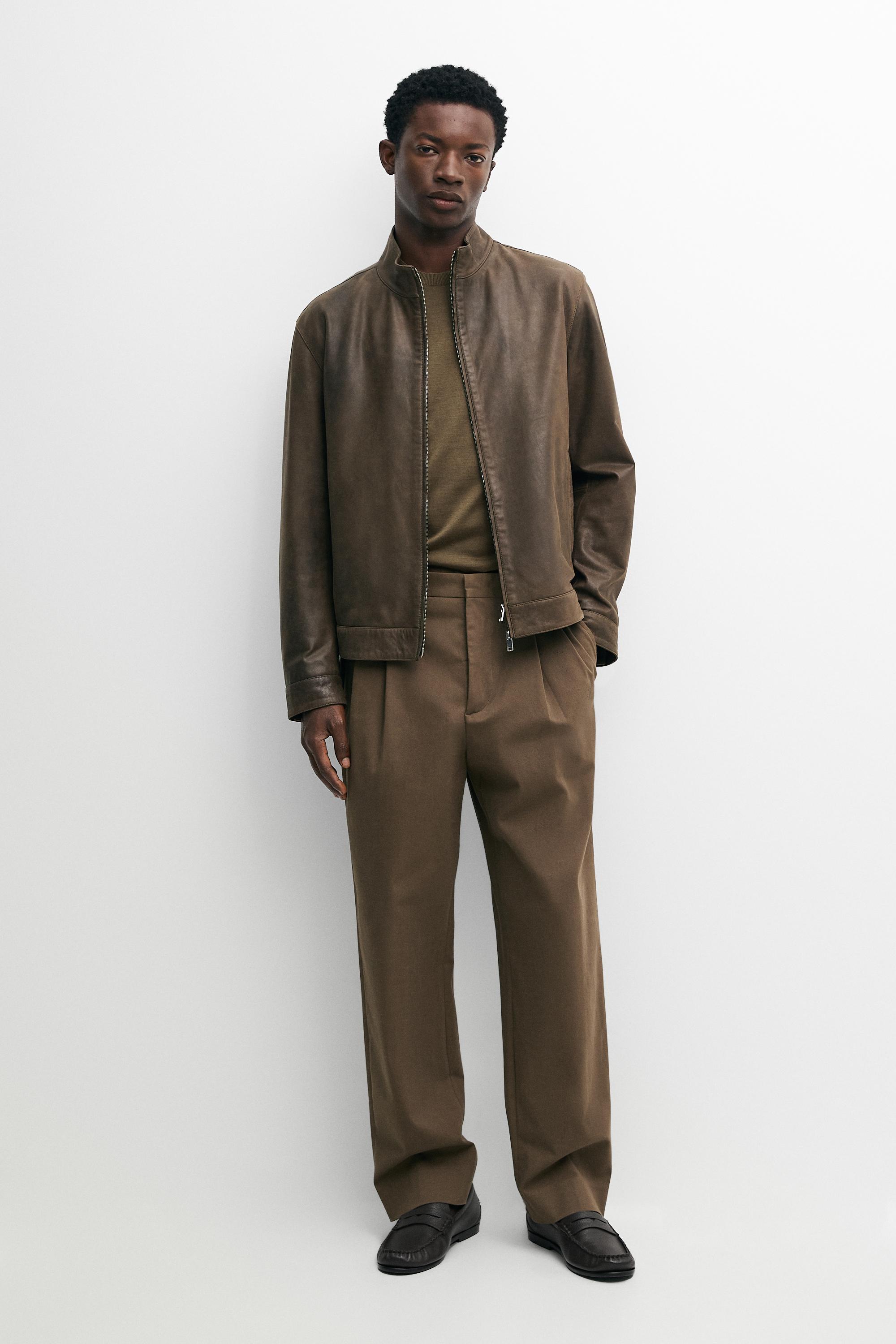 Nappa leather jacket with collar detail Khaki