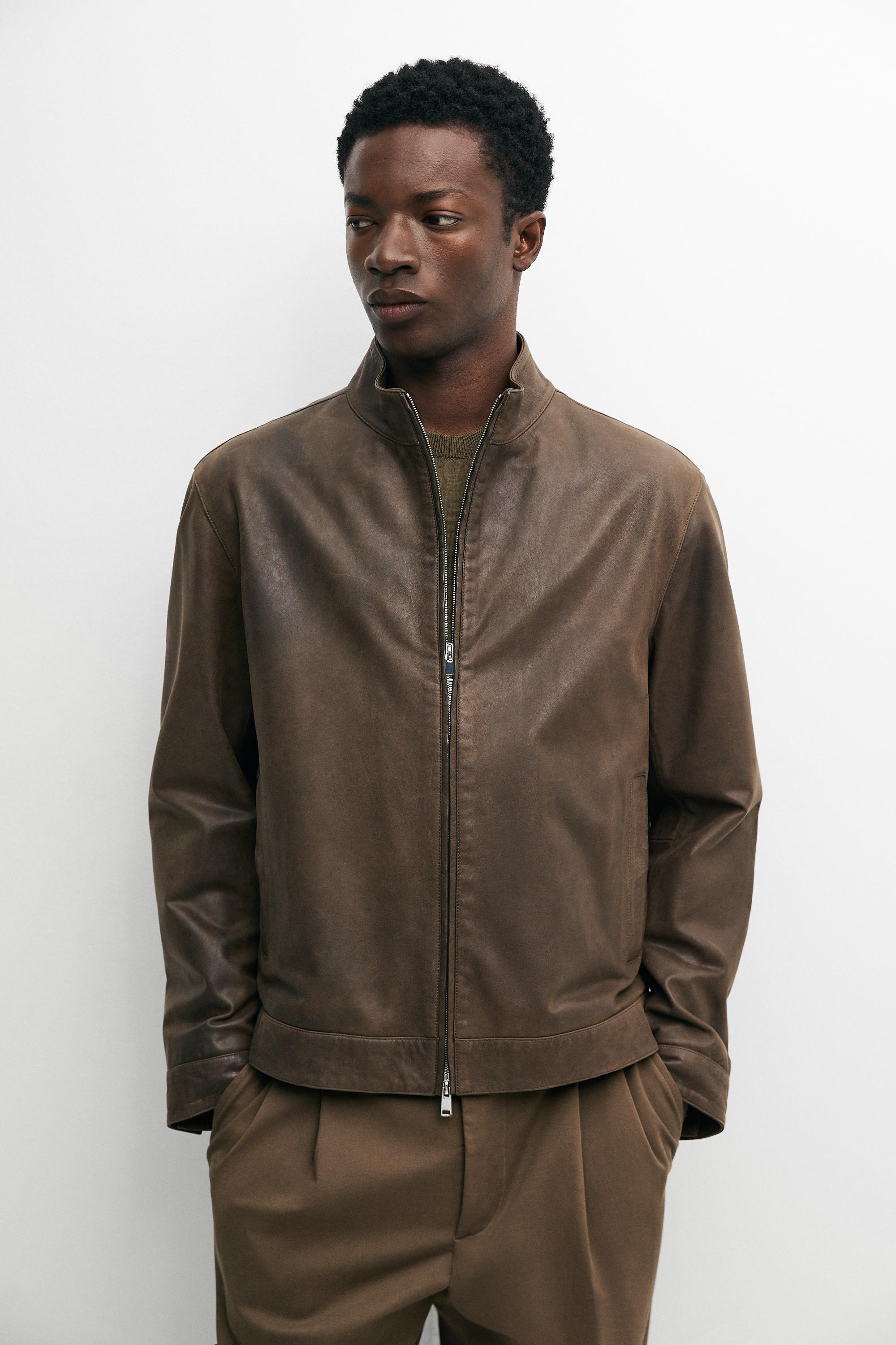 Nappa leather jacket with collar detail Khaki